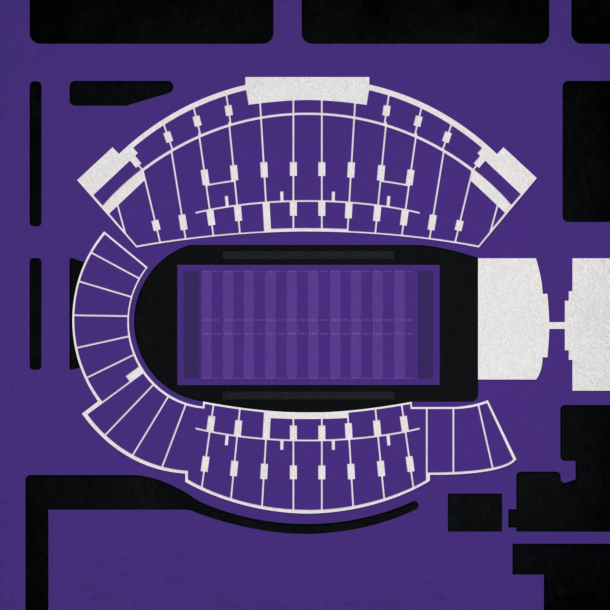 Stylized illustration of a stadium seating plan with purple and black color scheme, emphasizing seating arrangements and venue layout for sports or event planning.