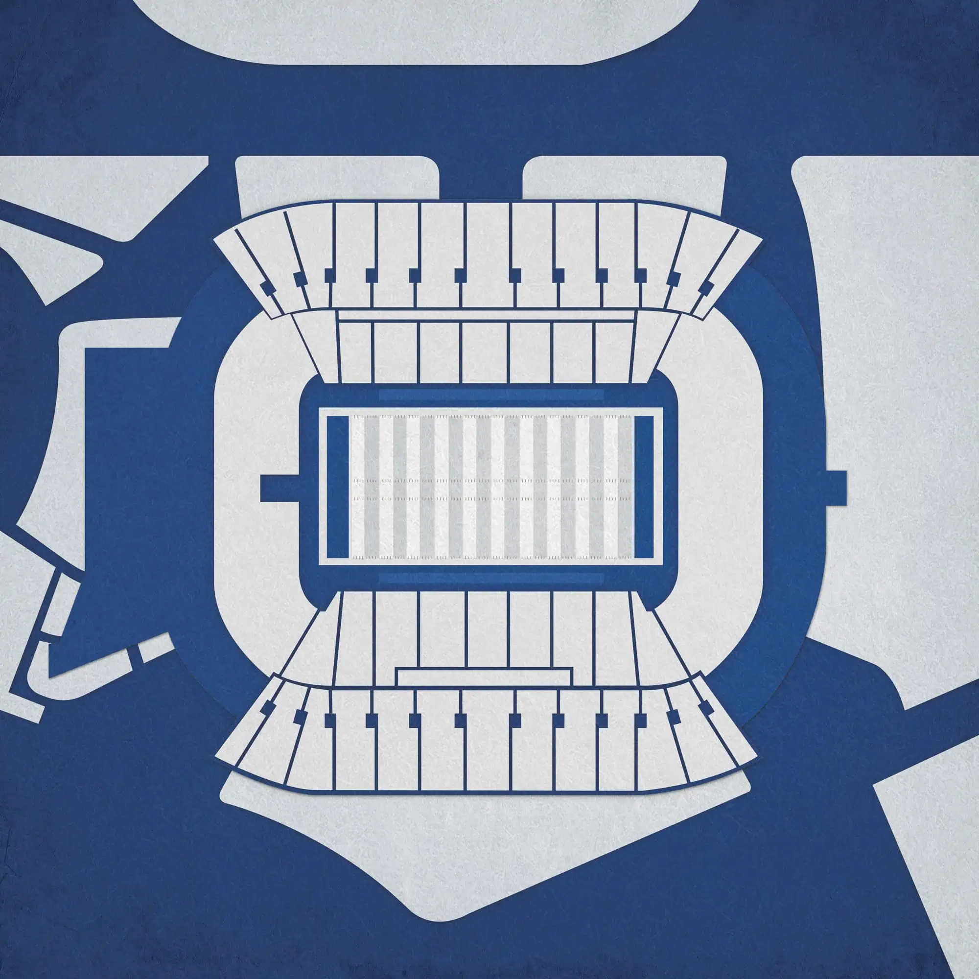 Detailed illustration of a football stadium with seating and field layout, ideal for sports maps, stadium navigation, and outdoor recreation maps sold by The Map Shop.