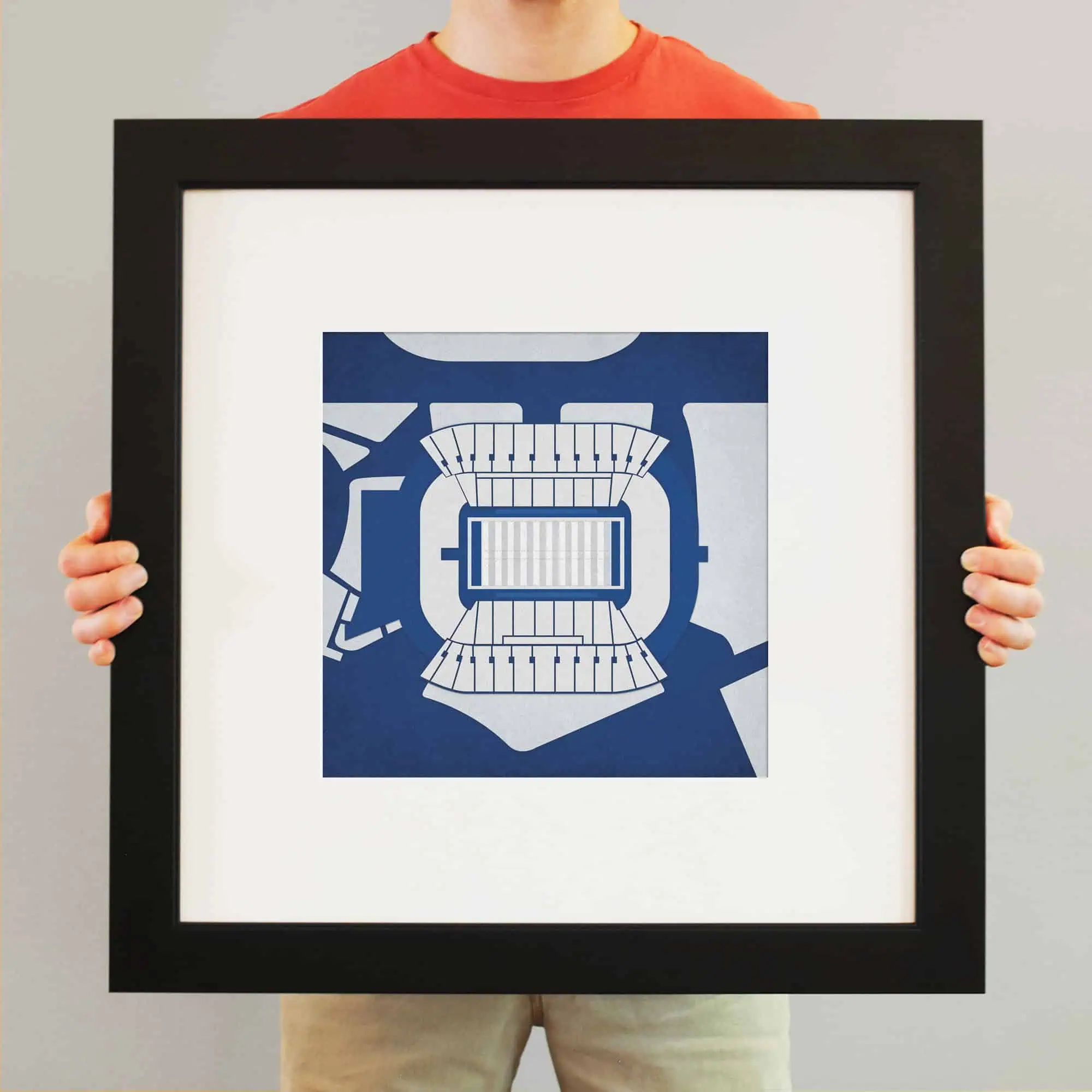 Modern sports stadium blueprint art print framed poster, architectural design of a football or soccer arena, ideal for sports enthusiasts and stadium engineers, decorative wall art for sports venues.