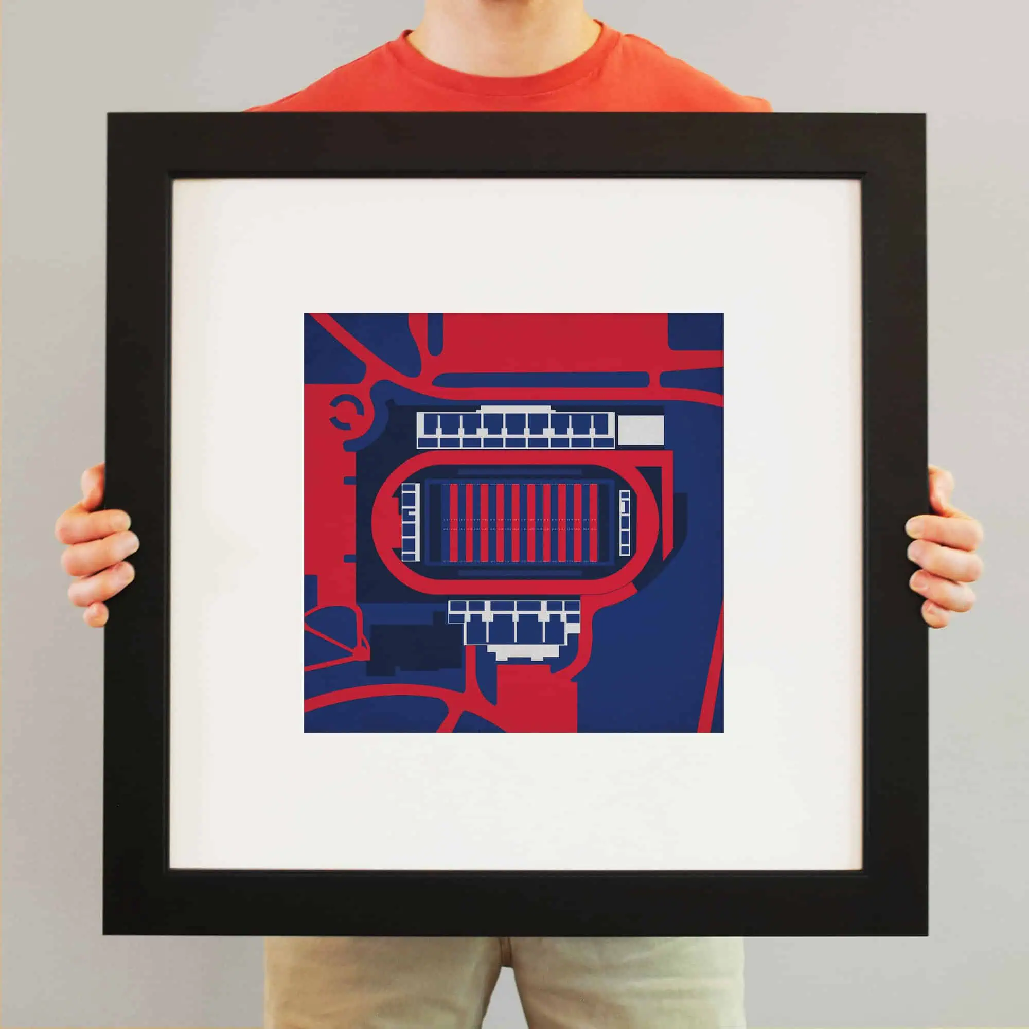 Colorful stadium seating map artwork showcasing sports venues and arena layouts.