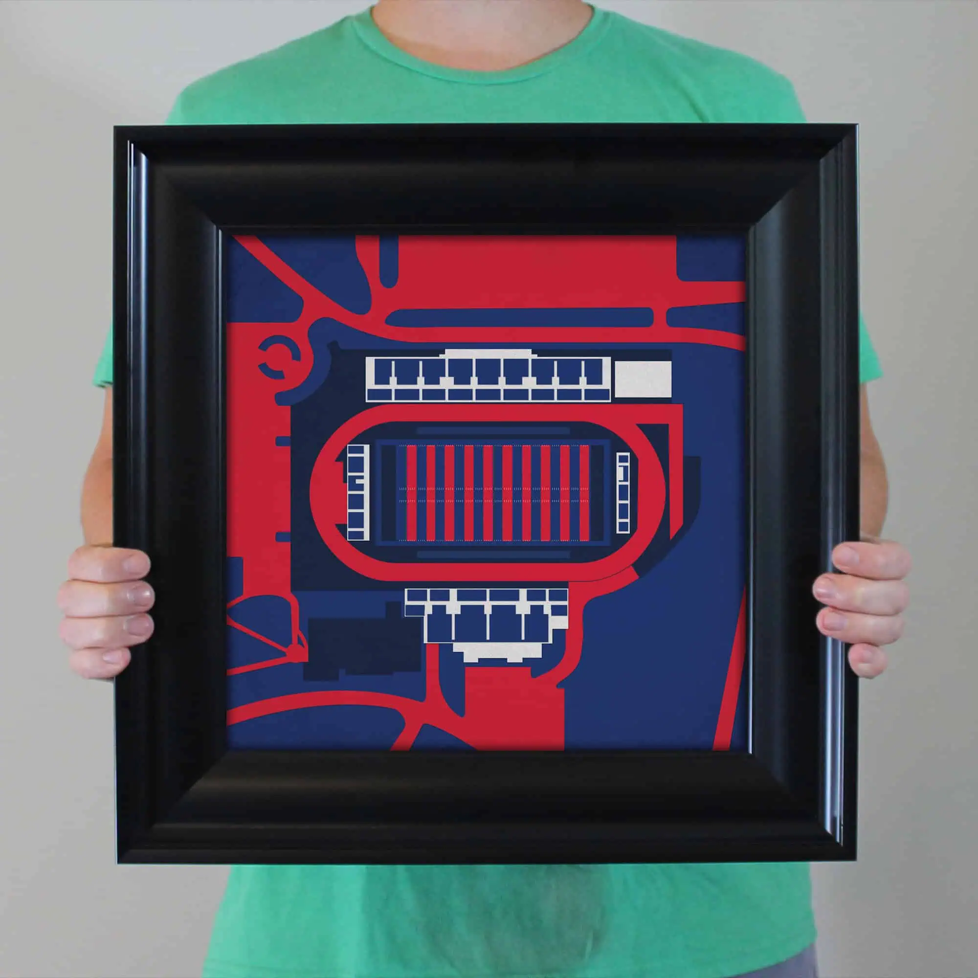 Framed abstract map art featuring a stylized city layout in red, blue, and white colors for modern map decor and navigation enthusiasts.