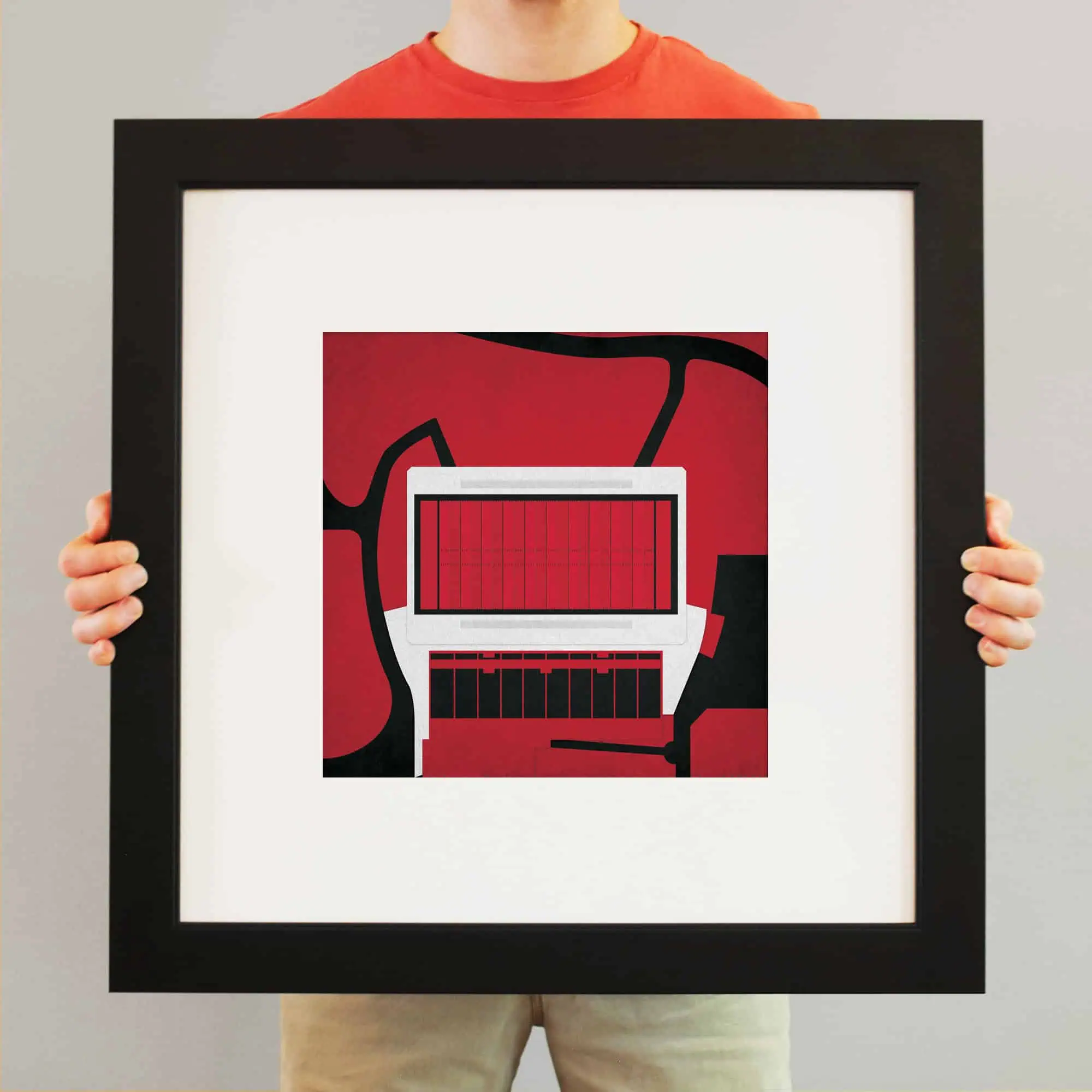 Modern digital art print featuring a laptop with a graph display, set against an abstract red and black background representing technology and innovation. Ideal wall decor for tech enthusiasts and professionals.