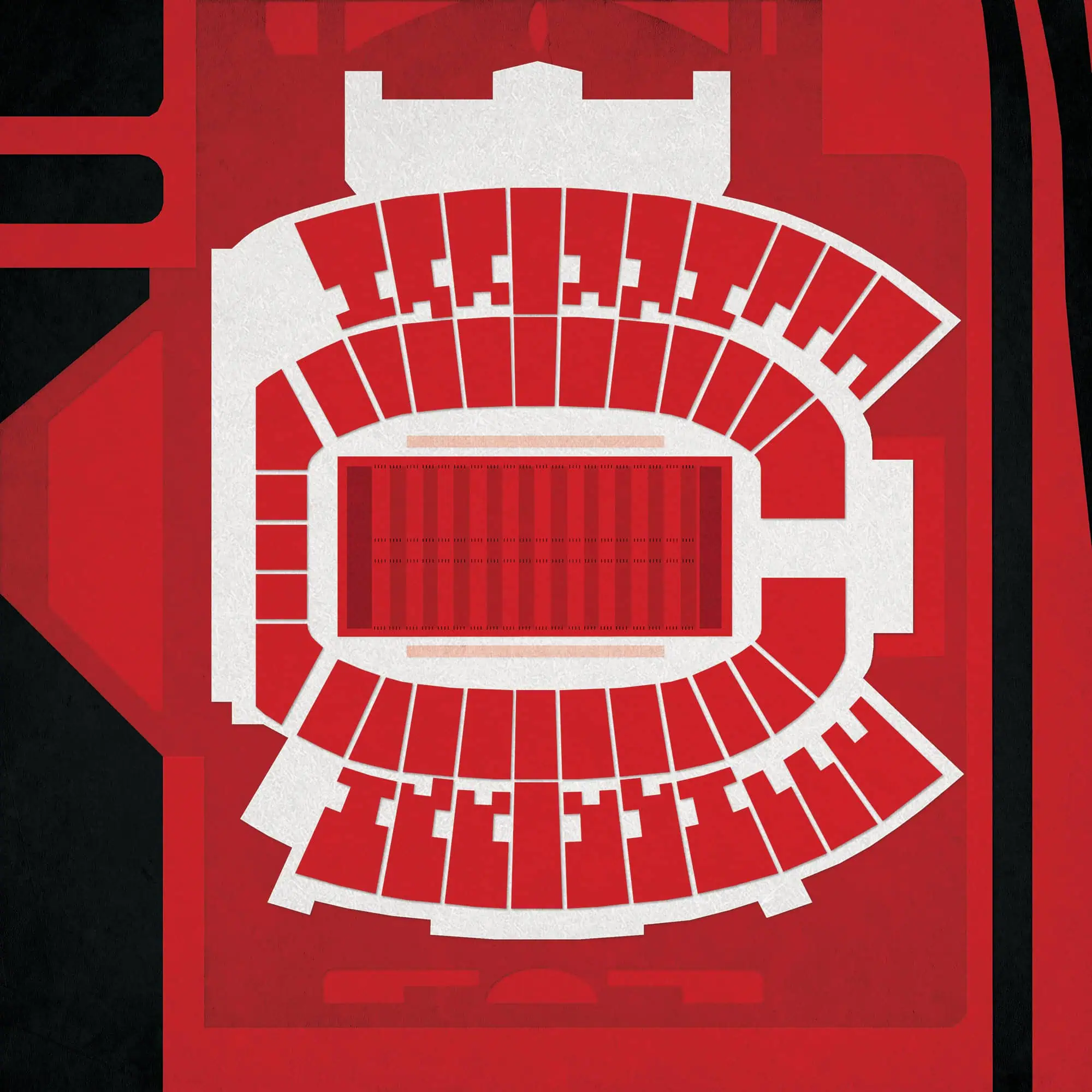 Seating map of a stadium, showing seat arrangement and sections, red and white color scheme, ideal for event seating charts, ticketing, and venue navigation, perfect for sports or concert arenas.