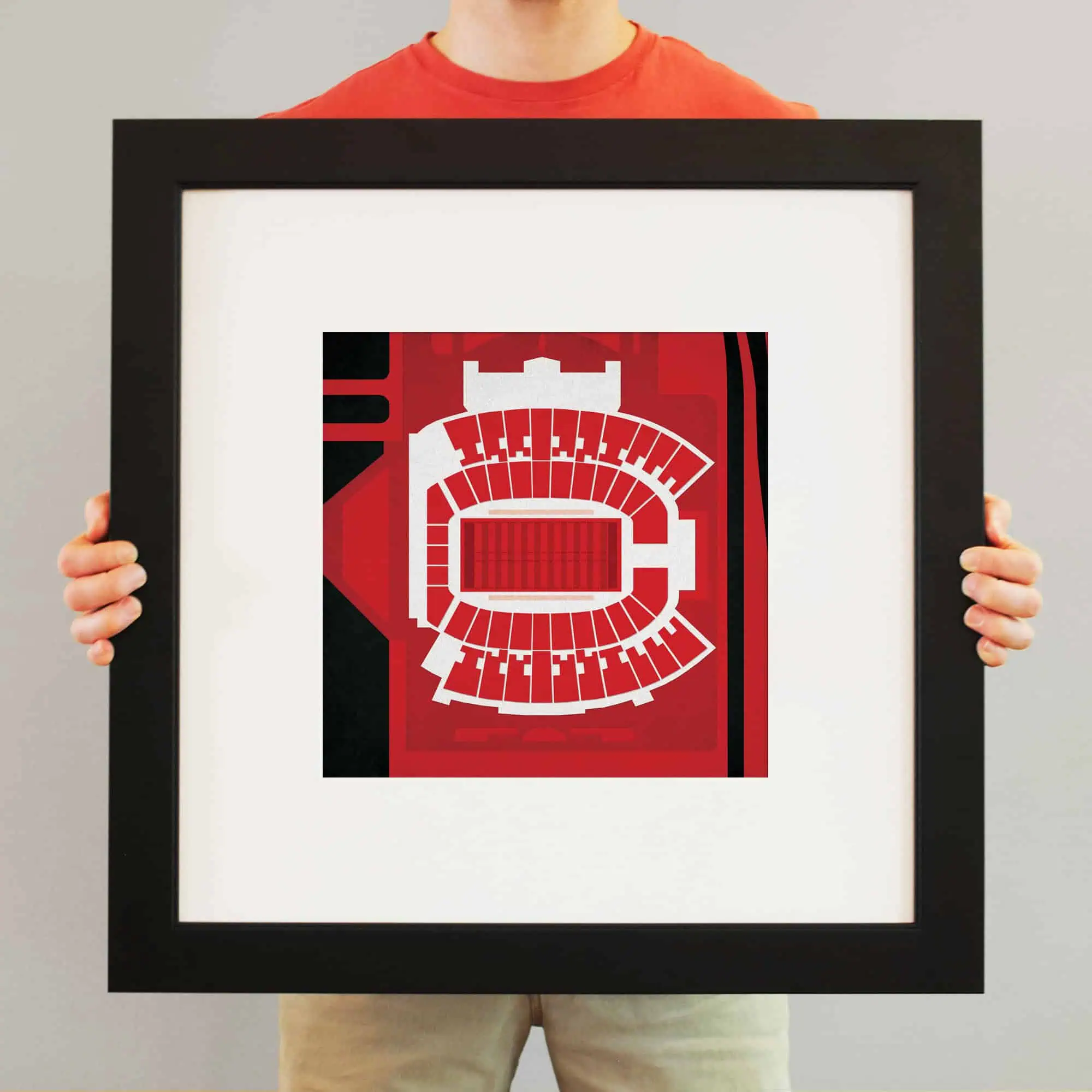 Colorful stadium seating map artwork framed art print, sports venue seating chart wall decor, modern stadium illustration for sports fans and stadium enthusiasts.