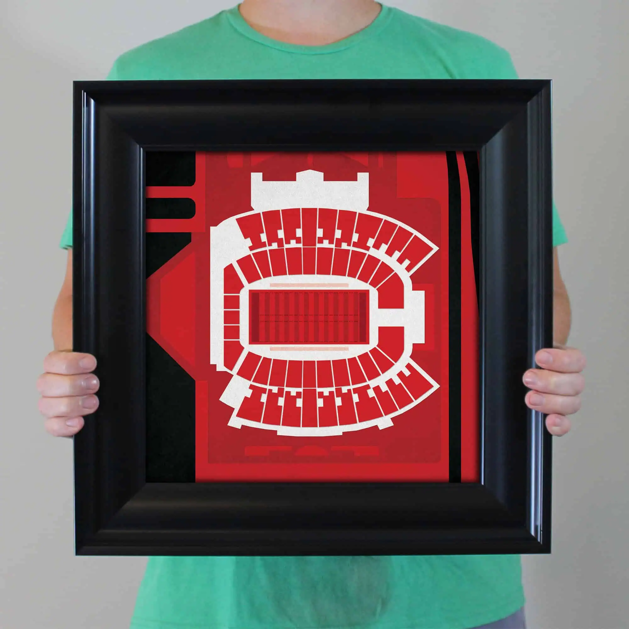 Stadium seating chart artwork displayed in a black frame, highlighting venue layouts and seating arrangements for sports arenas or theaters. Perfect for sports fans, event organizers, and venue planning.