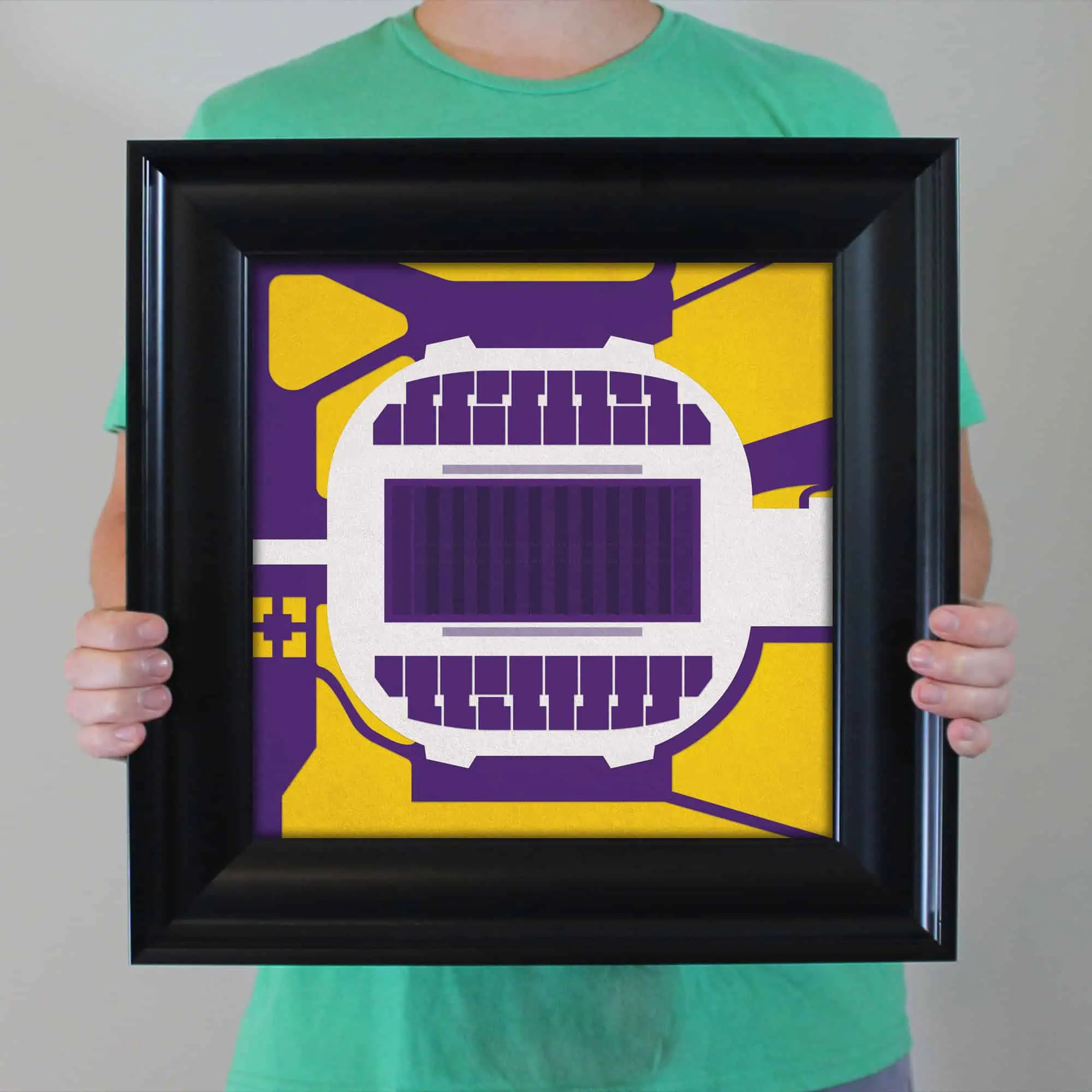 Colorful stadium seating chart poster framed art, perfect for sports fans and sports event decor, showcasing vibrant purple, yellow, and white patterns of an arena or stadium layout.