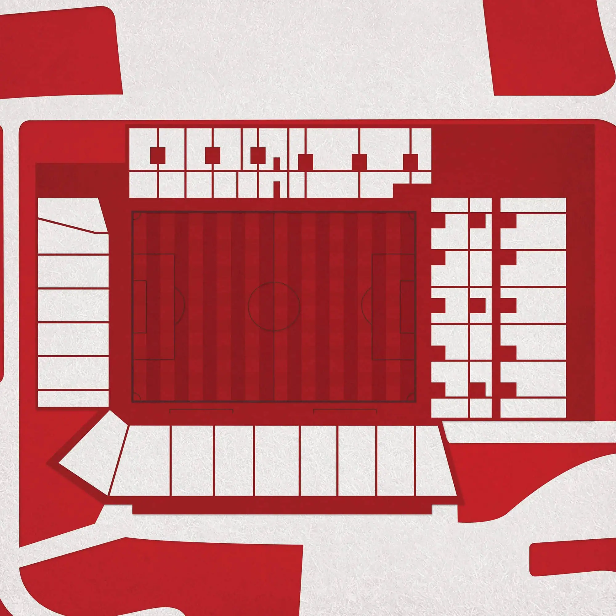 Bright red graphic of a soccer stadium seating chart and field layout, used for sports venue maps, seating arrangements, and event planning.