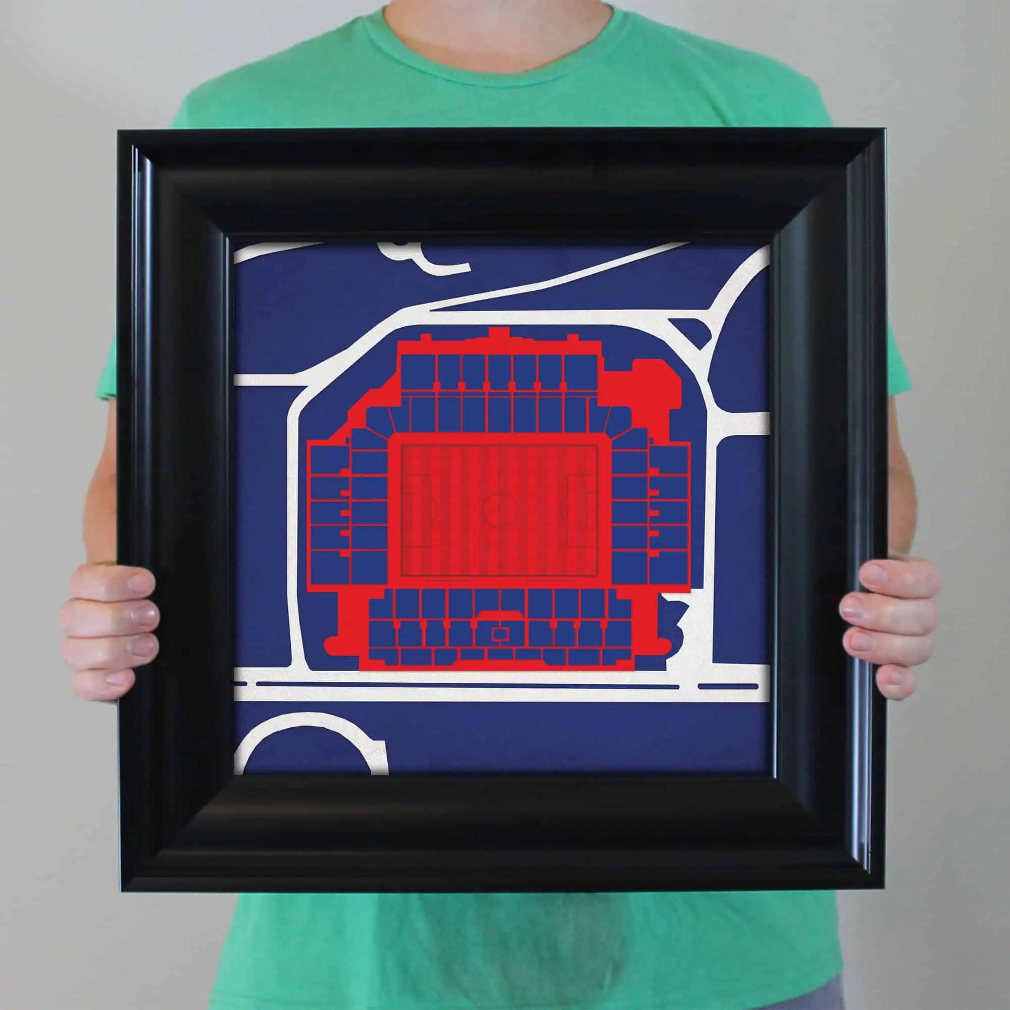 Vintage stadium seating chart art print, perfect for sports enthusiasts and fans, featuring detailed graphics of a football or soccer stadium layout.