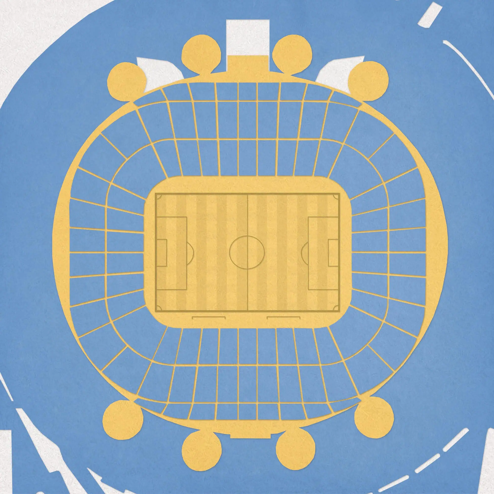 Modern soccer stadium aerial view with seating, field, and surrounding track, promoting sports venues and stadium maps.