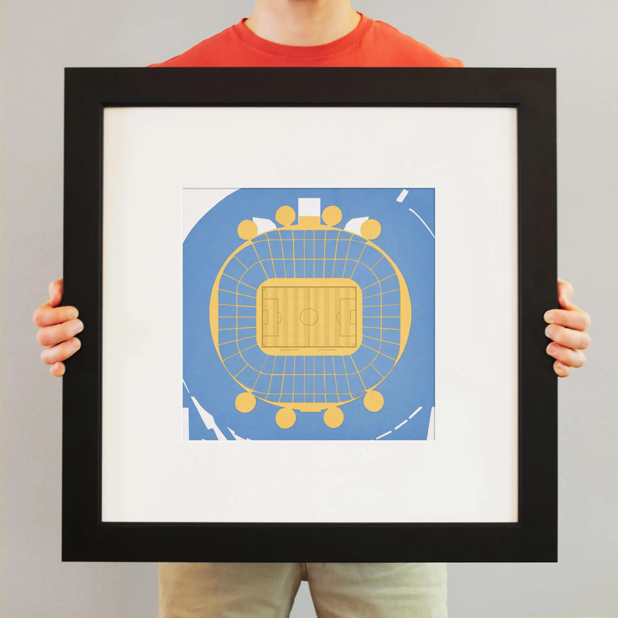 Blue and gold stadium seating chart framed poster, perfect for sports venue decor, sports fan memorabilia, and stadium enthusiasts, showcasing a detailed layout of a sports arena.
