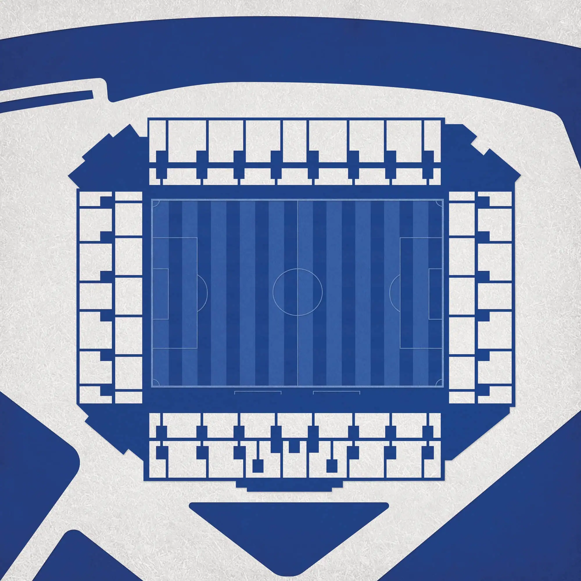 Aerial view of a soccer stadium featuring a detailed layout and seating arrangement, perfect for sports maps, stadium seating charts, and fan navigation.