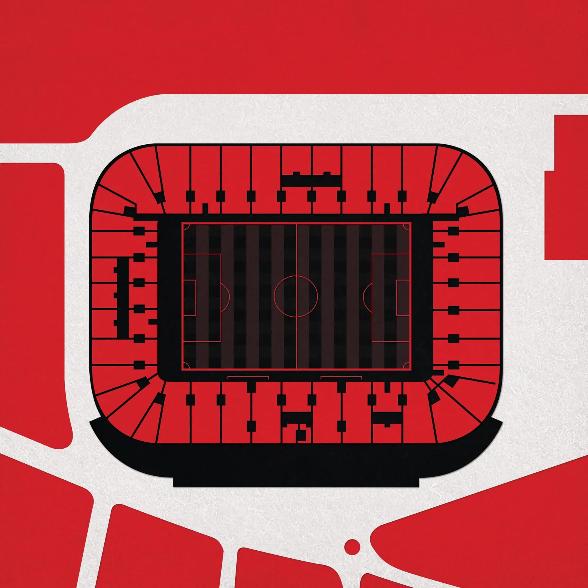 Stadium seating map with red, black, and white color scheme, showing key seating sections and layout of a sports arena for concerts or events.