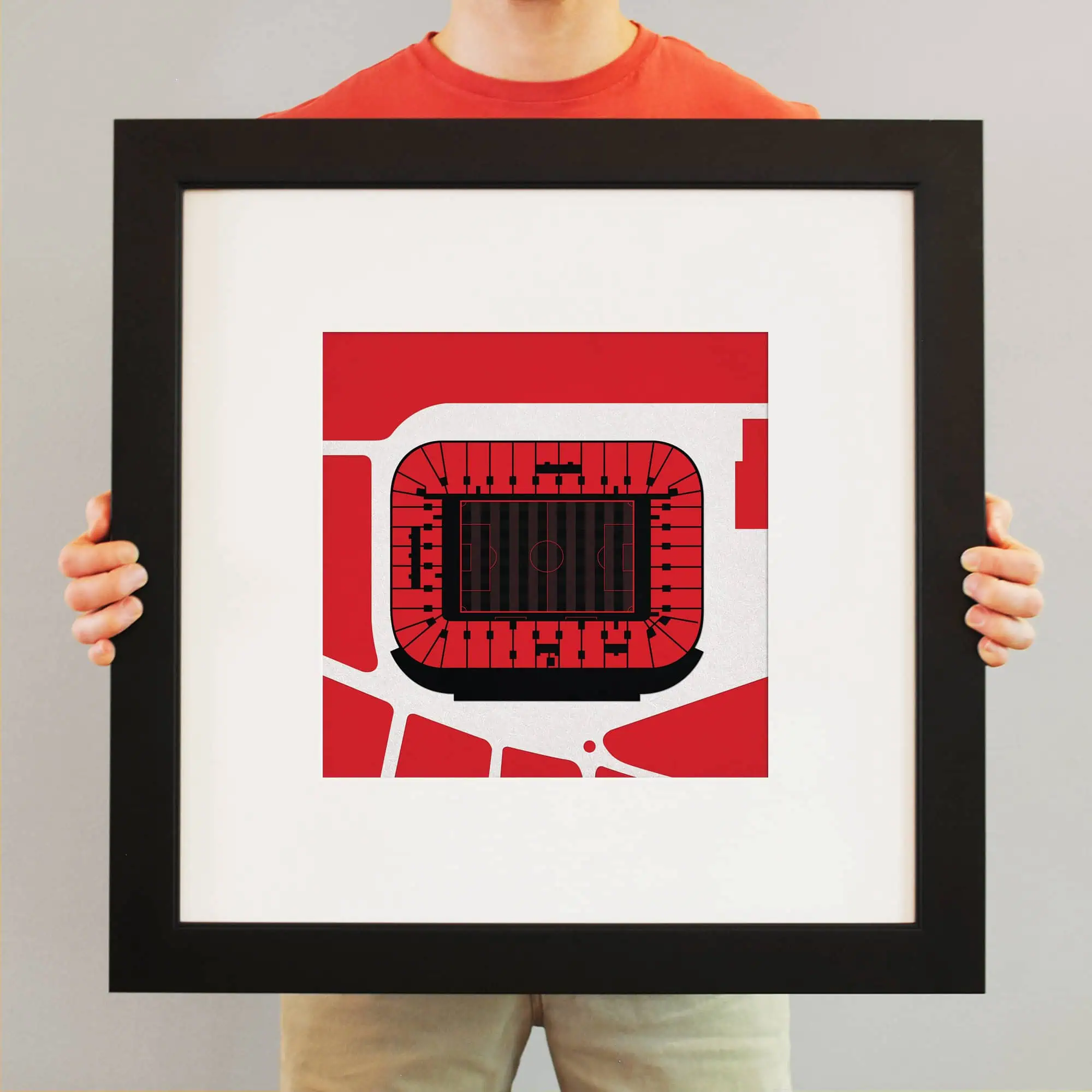 Panoramic stadium seating chart artwork for sports fans, featuring detailed seating map and arena layout in red, black, and white colors. Ideal for sports venues, tickets, and stadium planning.