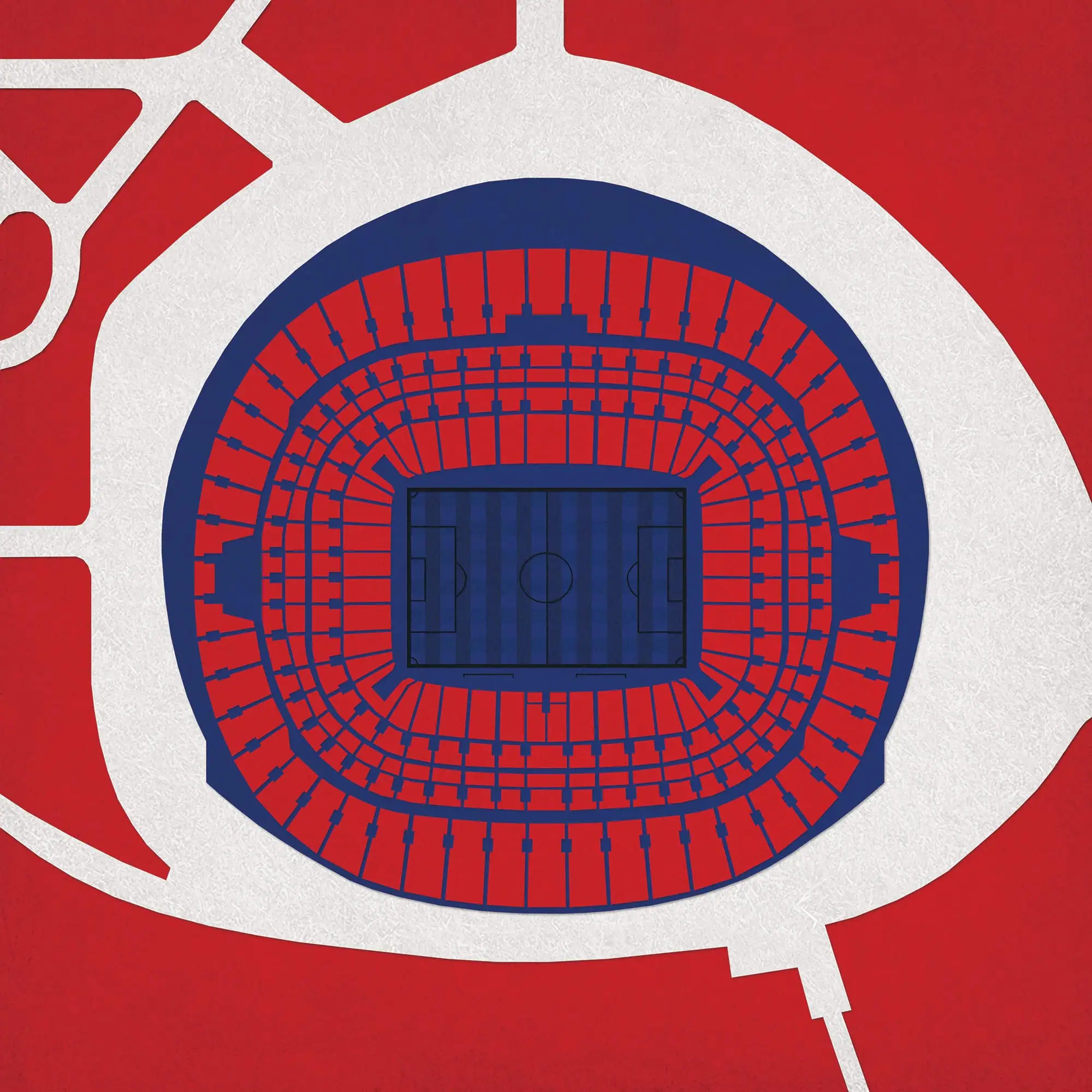 Colorful aerial view illustration of a stadium seating chart with a soccer field at the center, highlighting sports venues, seating arrangements, and event spaces for fans and event planners.