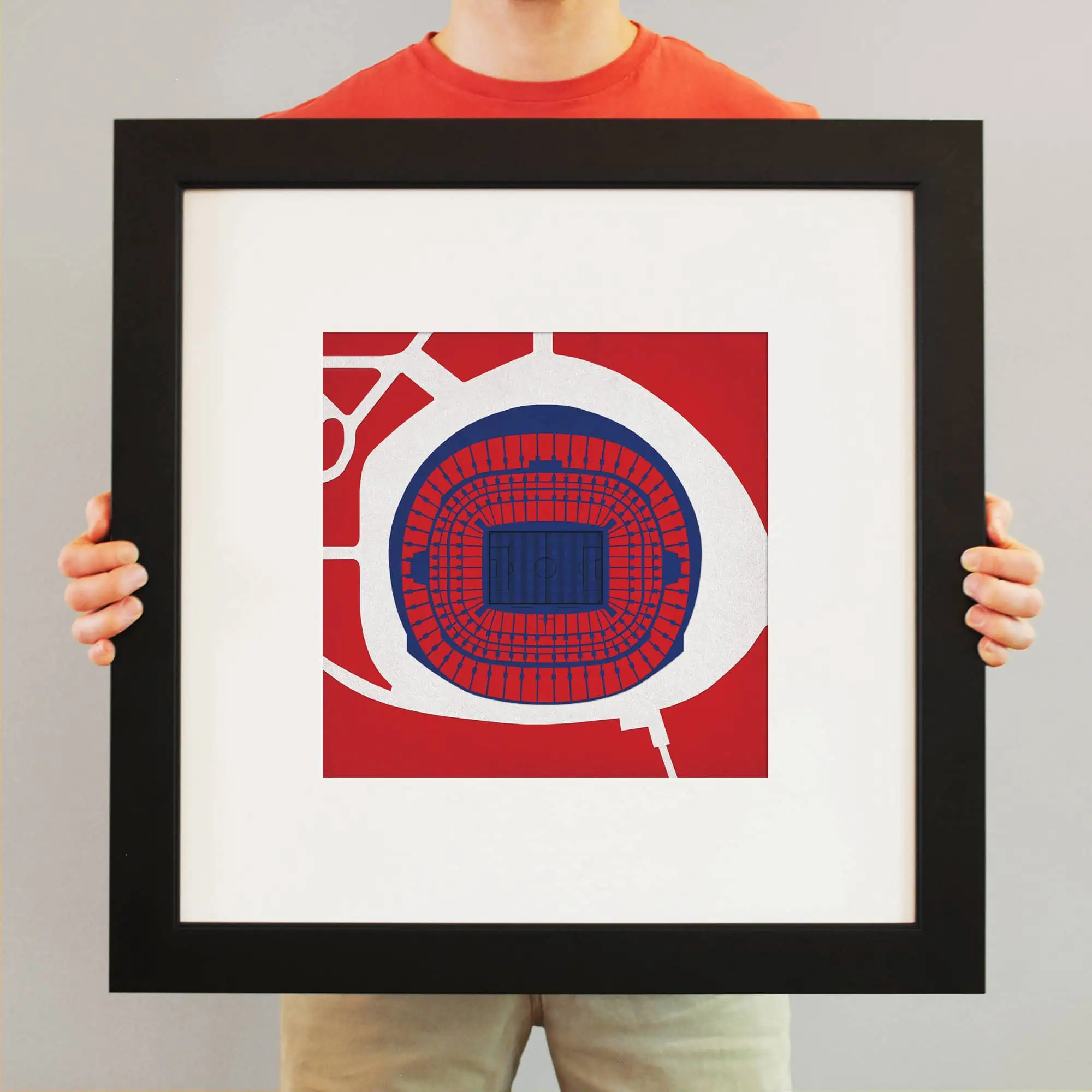 Blue and red stadium seating art print featuring a sports arena, perfect for sports fans and collectors, framed for wall decoration.