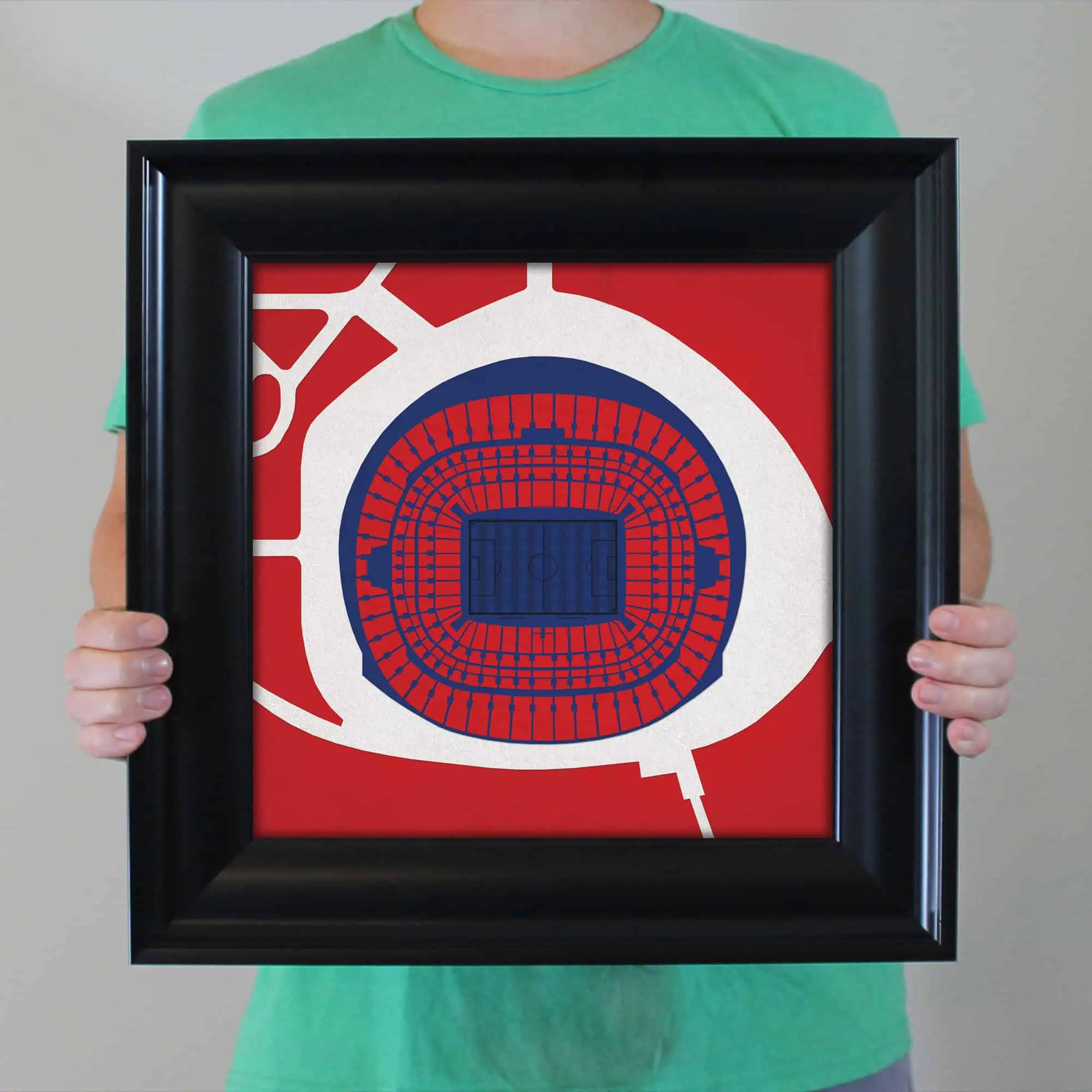 Stadium map artwork featuring a football field and seating arrangement, perfect for sports enthusiasts and stadium fans.