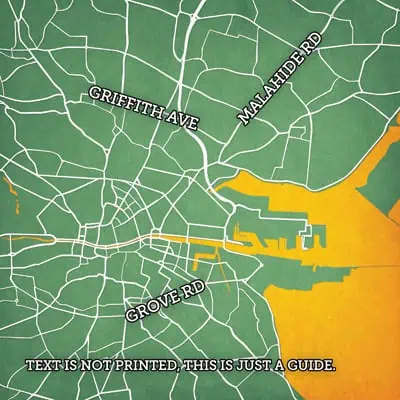 Detailed map of downtown area highlighting Griffith Ave, Main Ahide Rd, and Grove Rd with street layout and guide information for easy navigation.