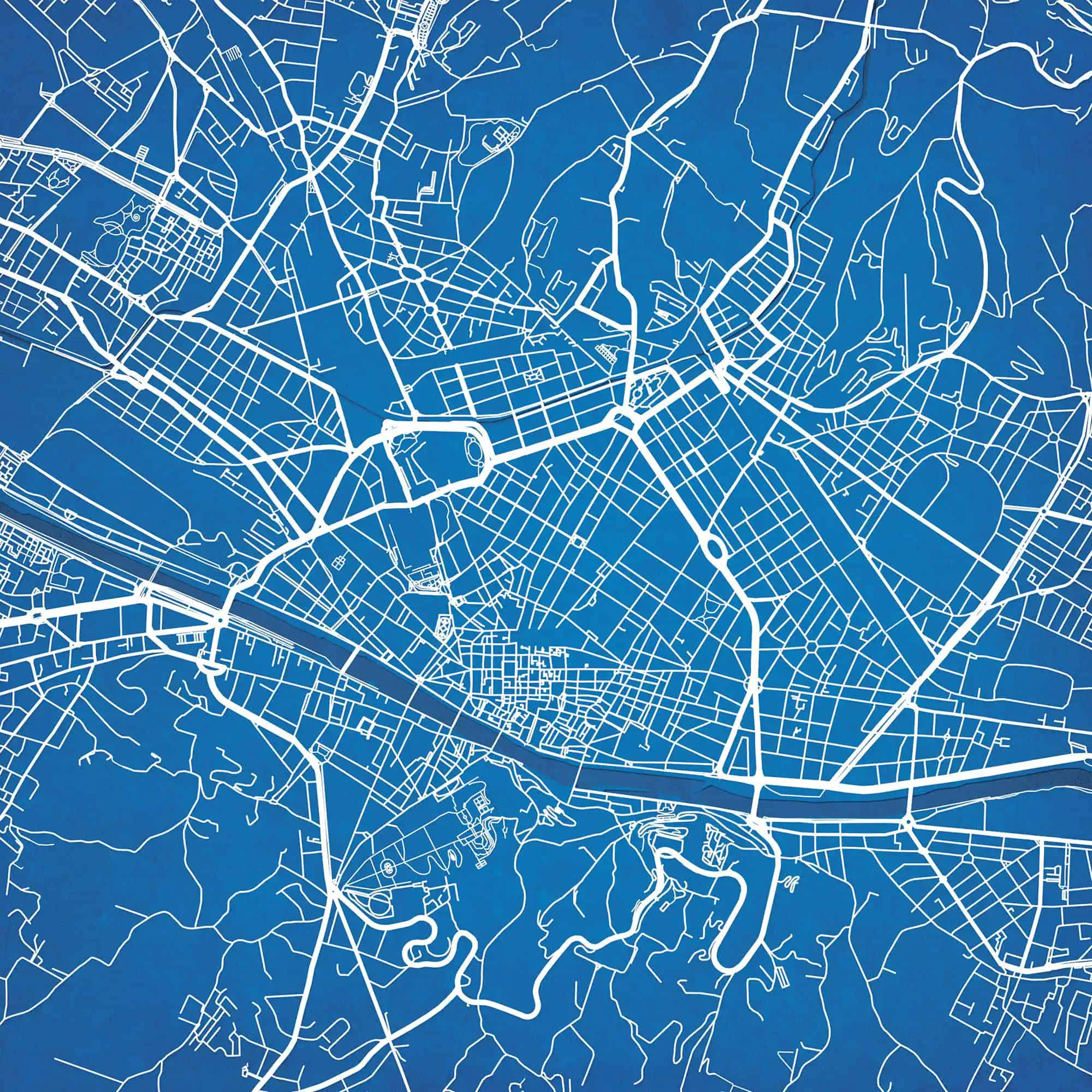 Blue city street map with white roads and waterways, detailed urban layout, digital map illustration, high-resolution city map, geographic navigation, city planning, mapshop branding.
