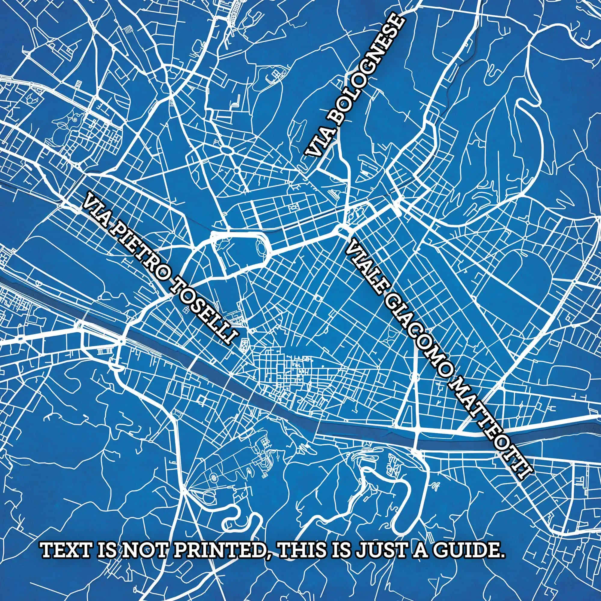 VIA BOLOGNESE, VIA PIETRO TOSELLI, AND VIA GIACOMO MATTEOTTI streets in Bologna, Italy, depicted on a detailed city map for navigation and travel planning.