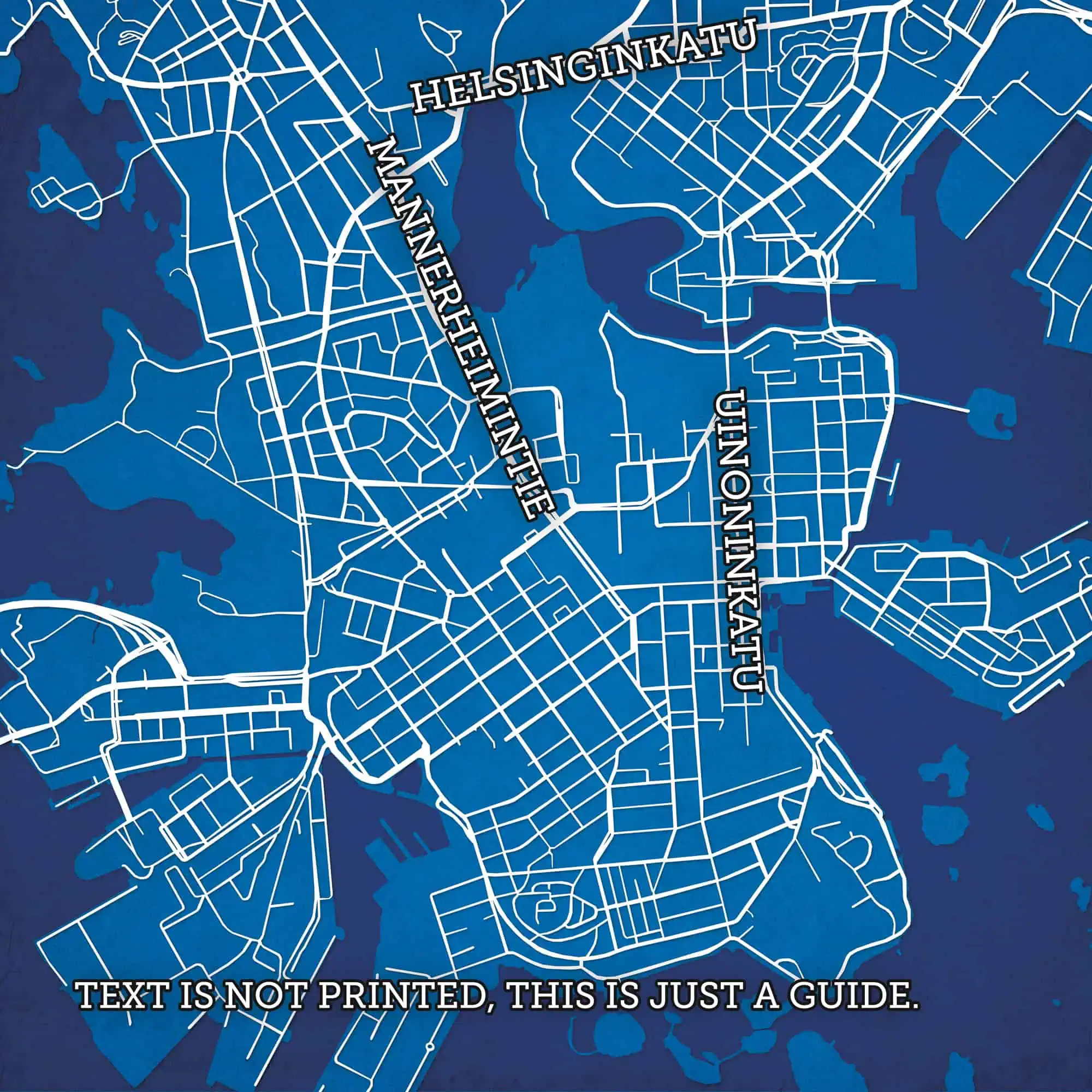 Detailed map of Helsinki, Finland highlighting major streets and waterways, ideal for travelers and outdoor enthusiasts seeking precise city navigation.