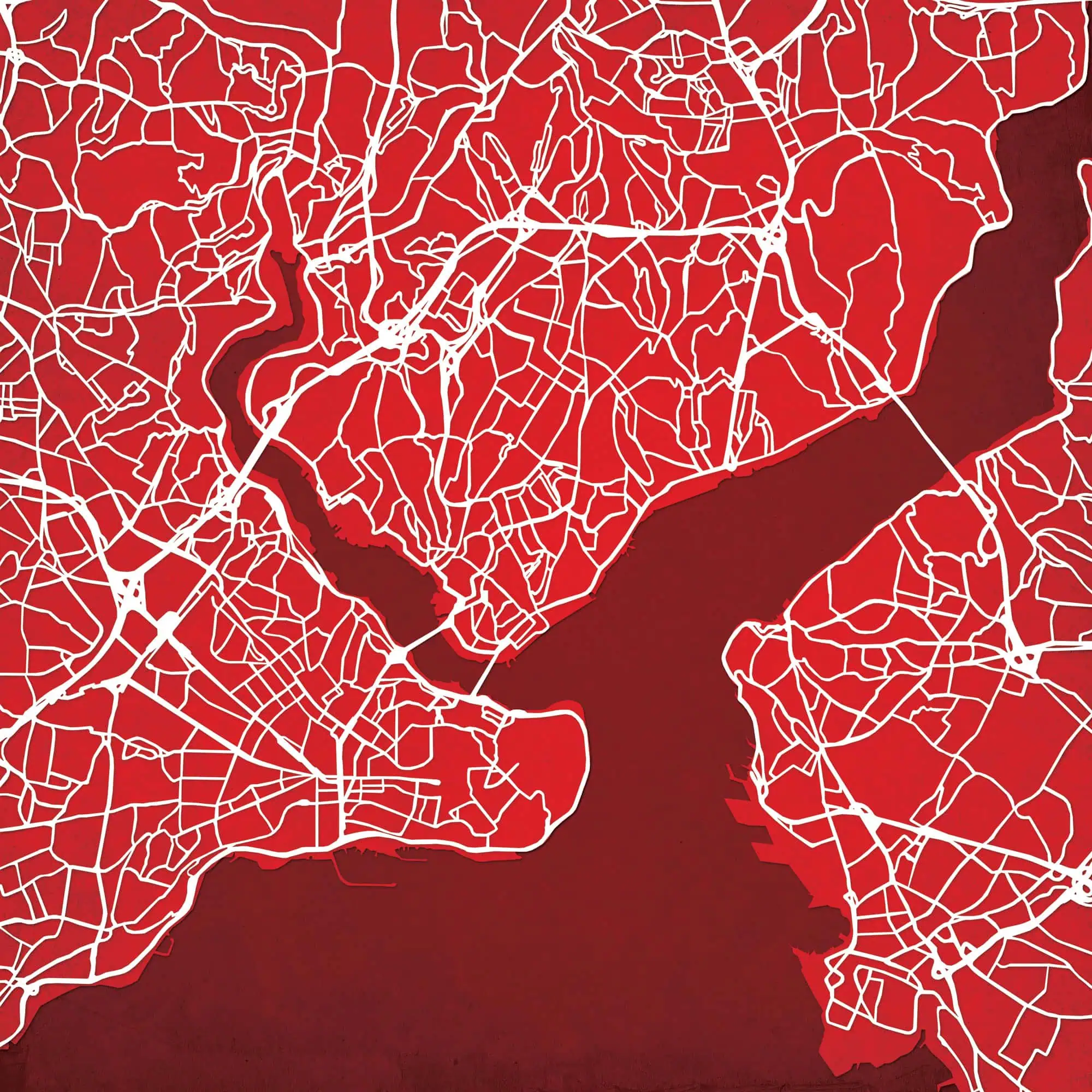 Dense urban area map with intricate street network, highlighting city streets, waterways, and neighborhoods for detailed navigation and geographic reference.