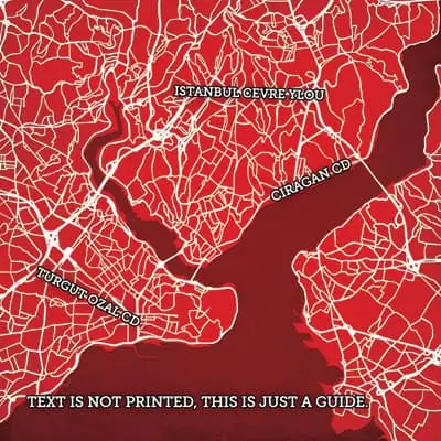 Detailed map of Istanbul, Turkey highlighting key neighborhoods and streets including Istanbul Cevre Yolu, Ciragan Caddesi, and Turcot Ozal Caddesi, perfect for travelers and navigation.