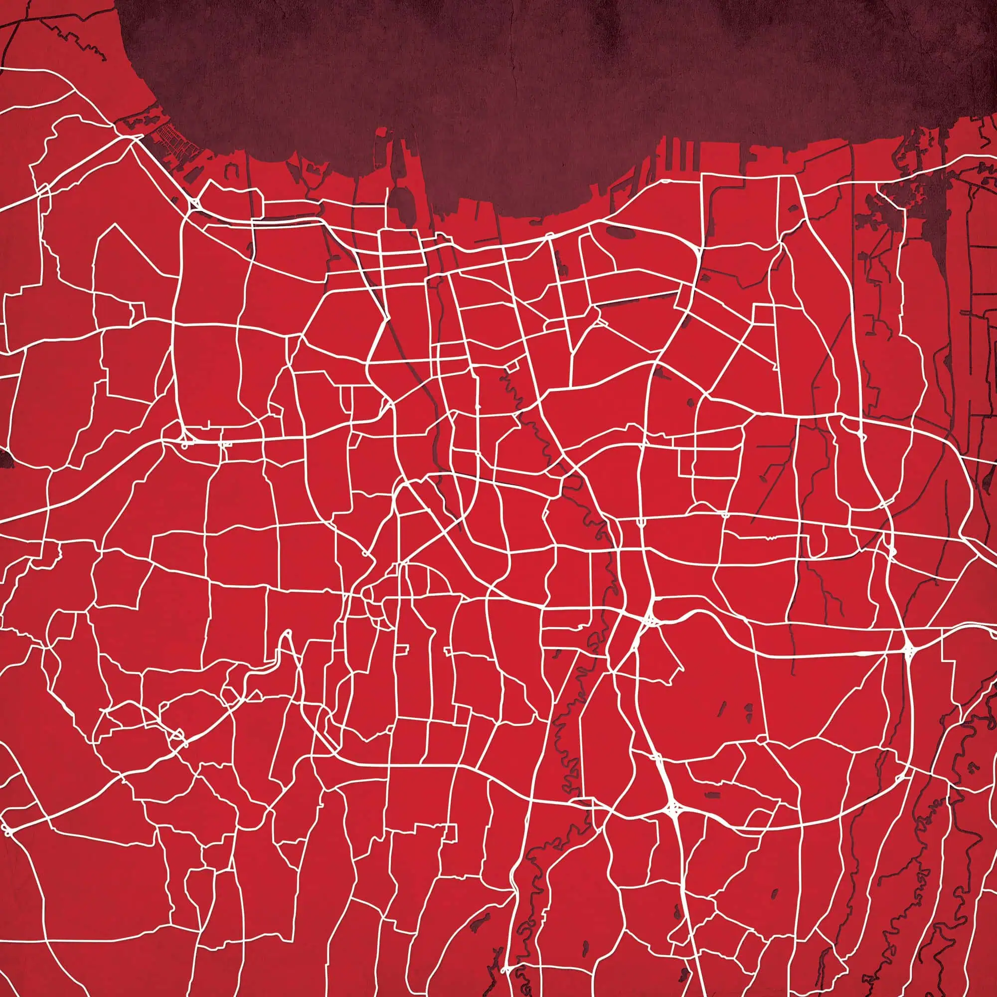 Detailed city map with road networks, highlighting urban streets and highways for navigation and map services.
