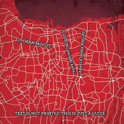Detailed street map of Jakarta, Indonesia, highlighting Jalan Daan Mogot, Jalan Gording Sawar Raya, and Jalan Inner Ring Road, perfect for navigation and travel planning.