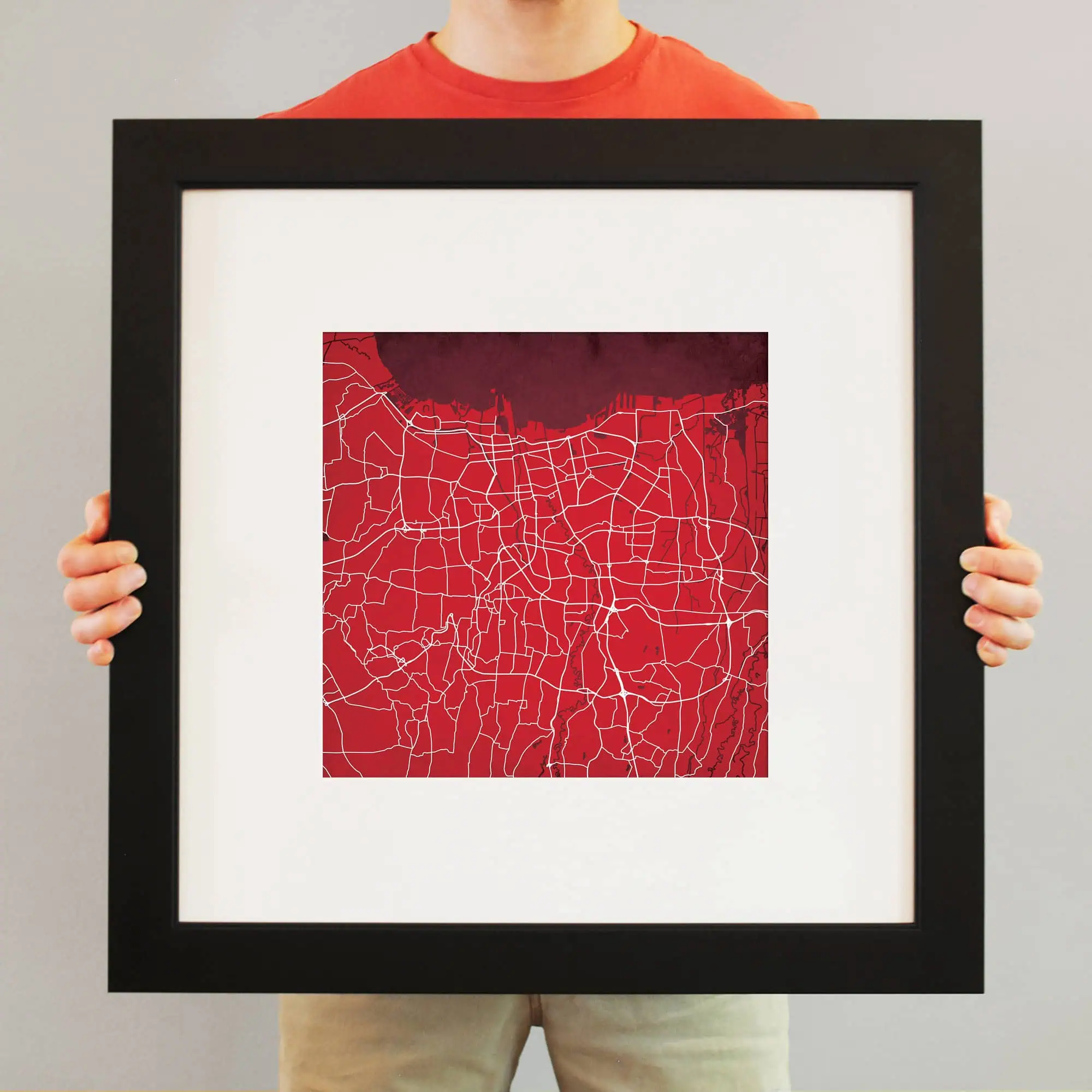 Detailed map of urban street network with a focus on transportation routes and infrastructure, displayed in a modern frame for home or office decor.