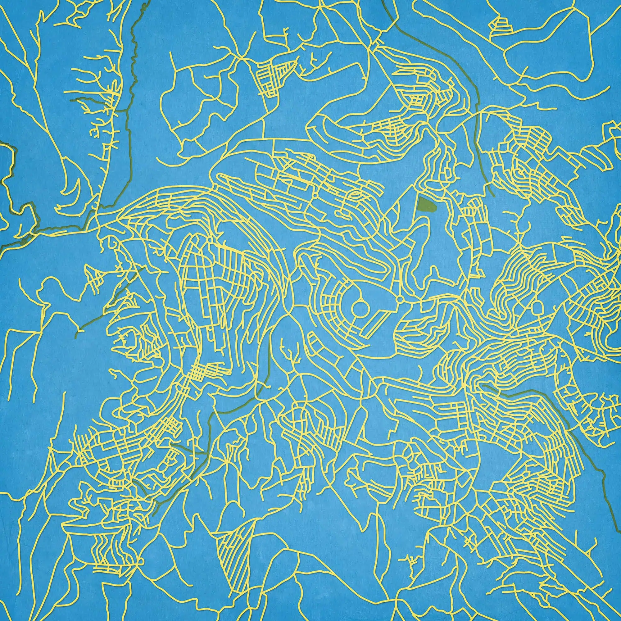 Detailed city road map in yellow over blue background, representing navigational and geographic information, ideal for travel, map printing, and GPS-based navigation purposes.