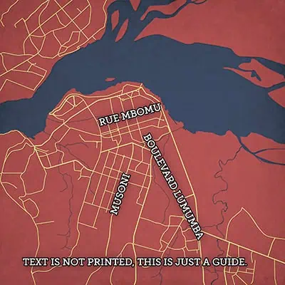 A detailed map of a city highlighting Rue Mbomu, Boulevard Lumumba, and Museum with a focus on urban navigation and local landmarks.