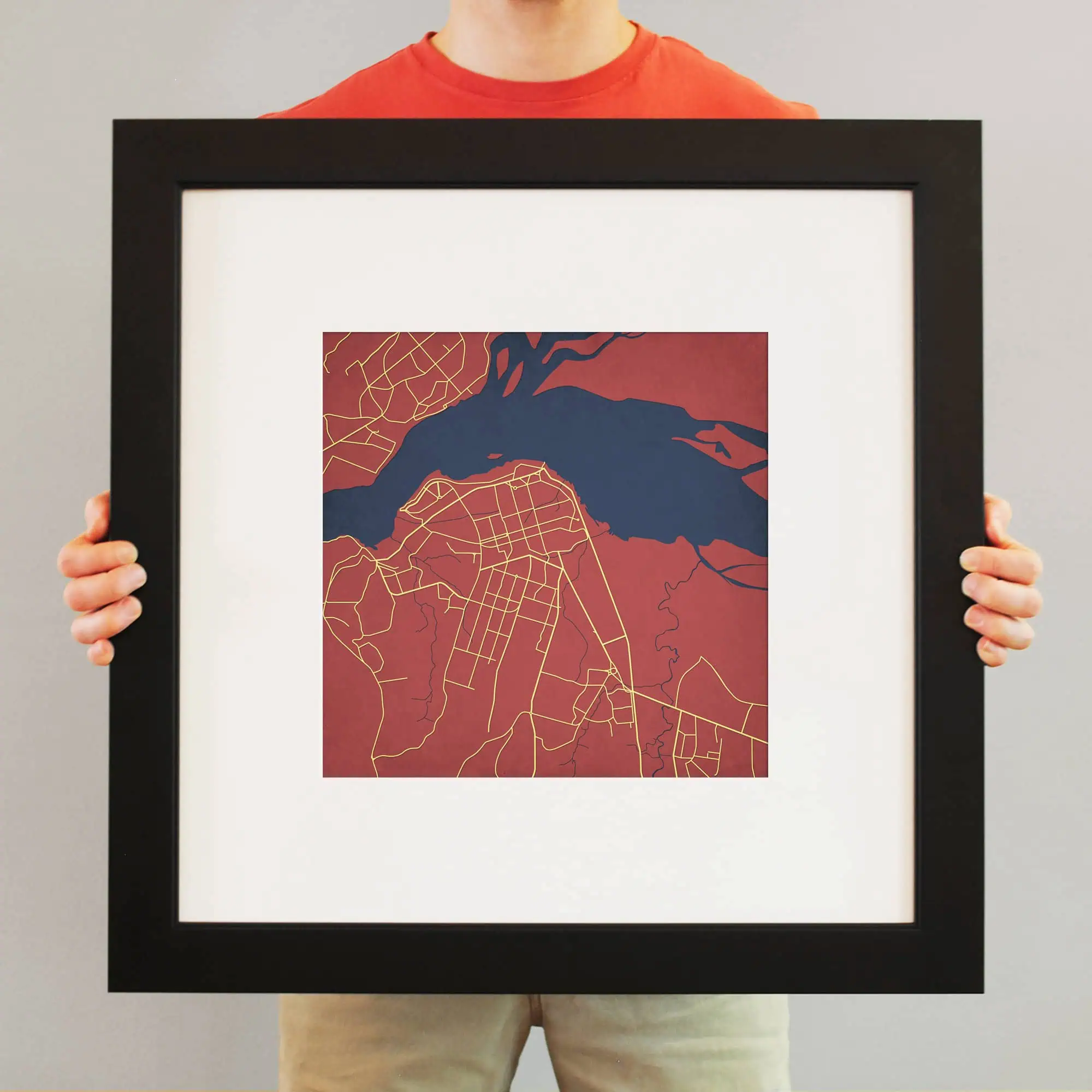 Vivid city map artwork, framed print showcasing urban street layouts and waterways, perfect for home or office decor, emphasizing modern cartography and city planning.