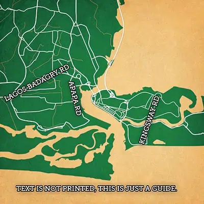 Detailed map illustration highlighting Lagos Badagry Road, Apapa Road, and Kingsway Road for accurate navigation and travel planning.