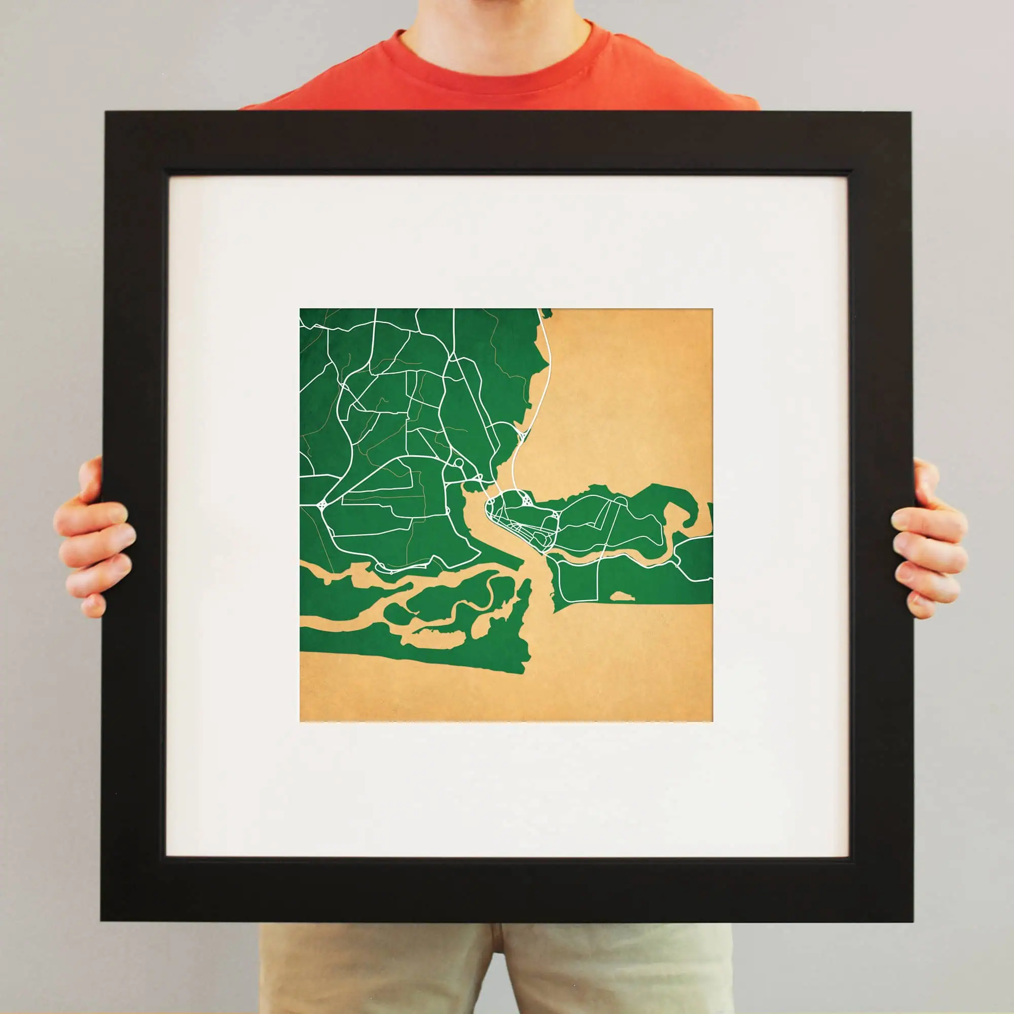 Vivid map illustration of a city and waterways, framed art print displaying detailed urban and river layout, ideal for travel, navigation, and geographic enthusiasts.