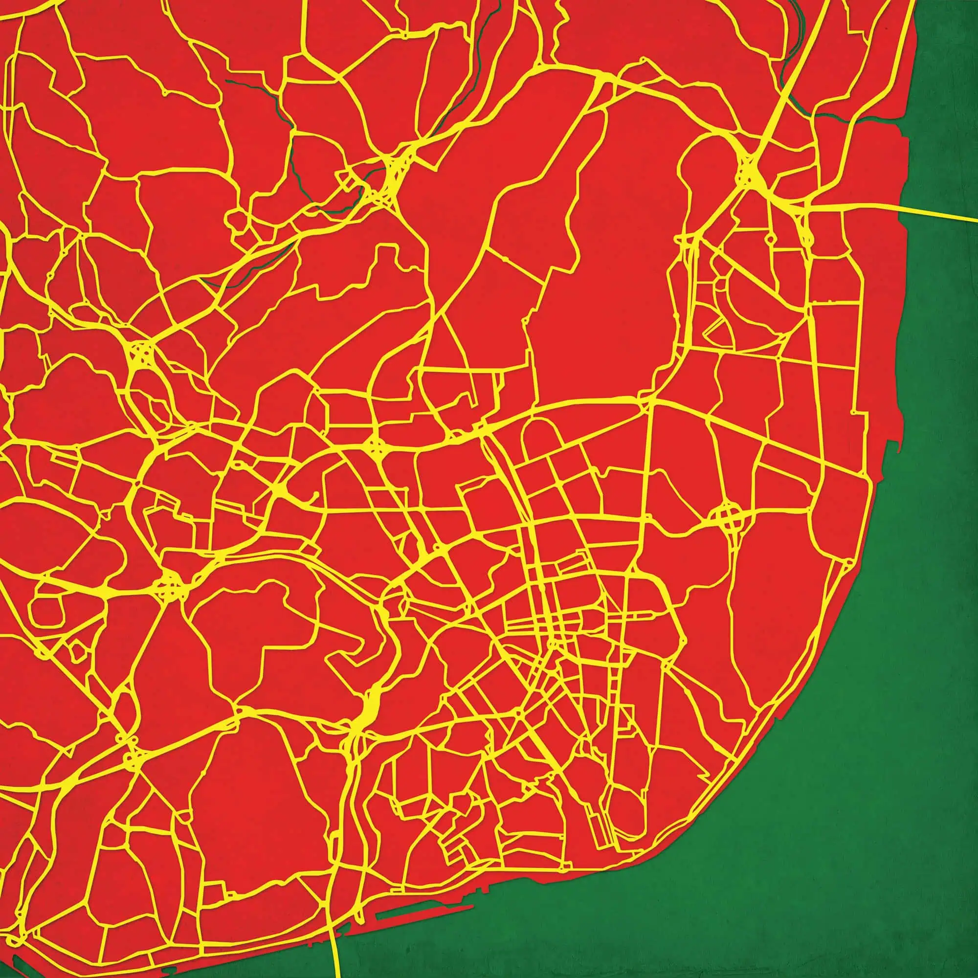 Red and yellow street map of a city with a green background, highlighting detailed roadways and urban layout, ideal for maps, navigation, and geographic reference.