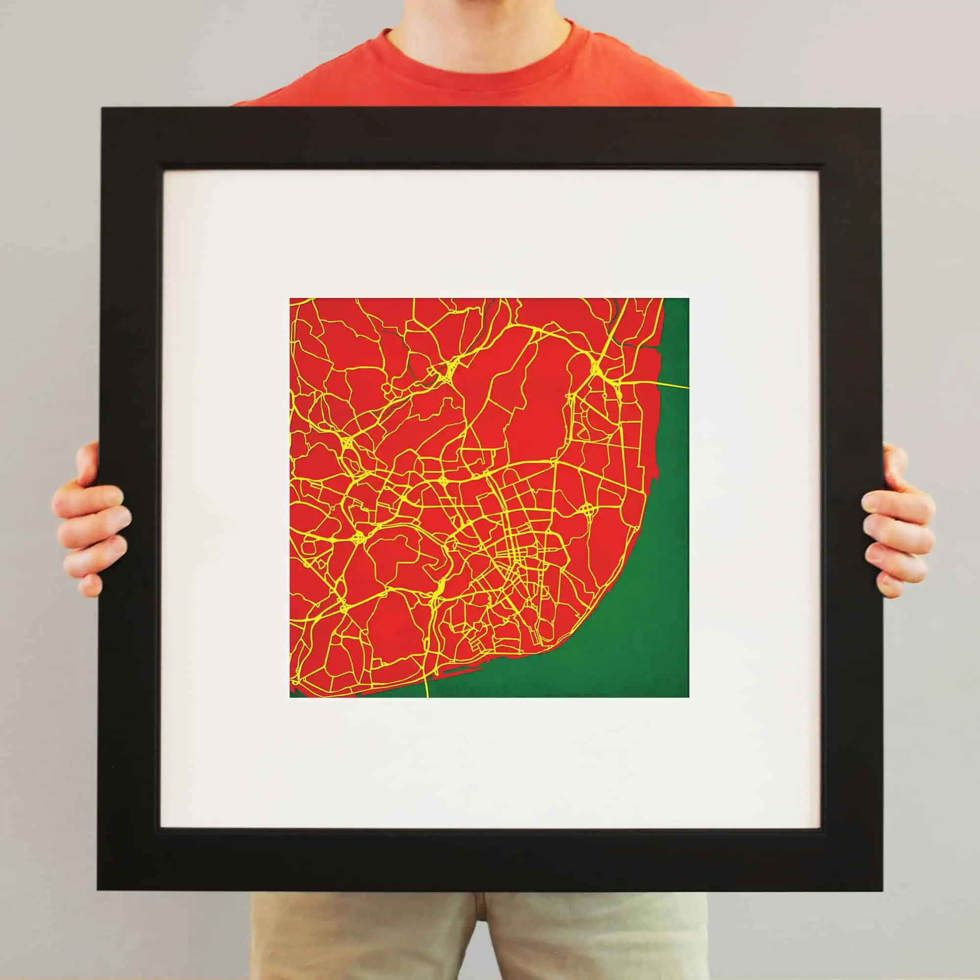 Colorful city map of a metropolitan area with detailed road network in red, yellow, and green, ideal for cartography enthusiasts, geographical analysis, and personalized wall art decor.