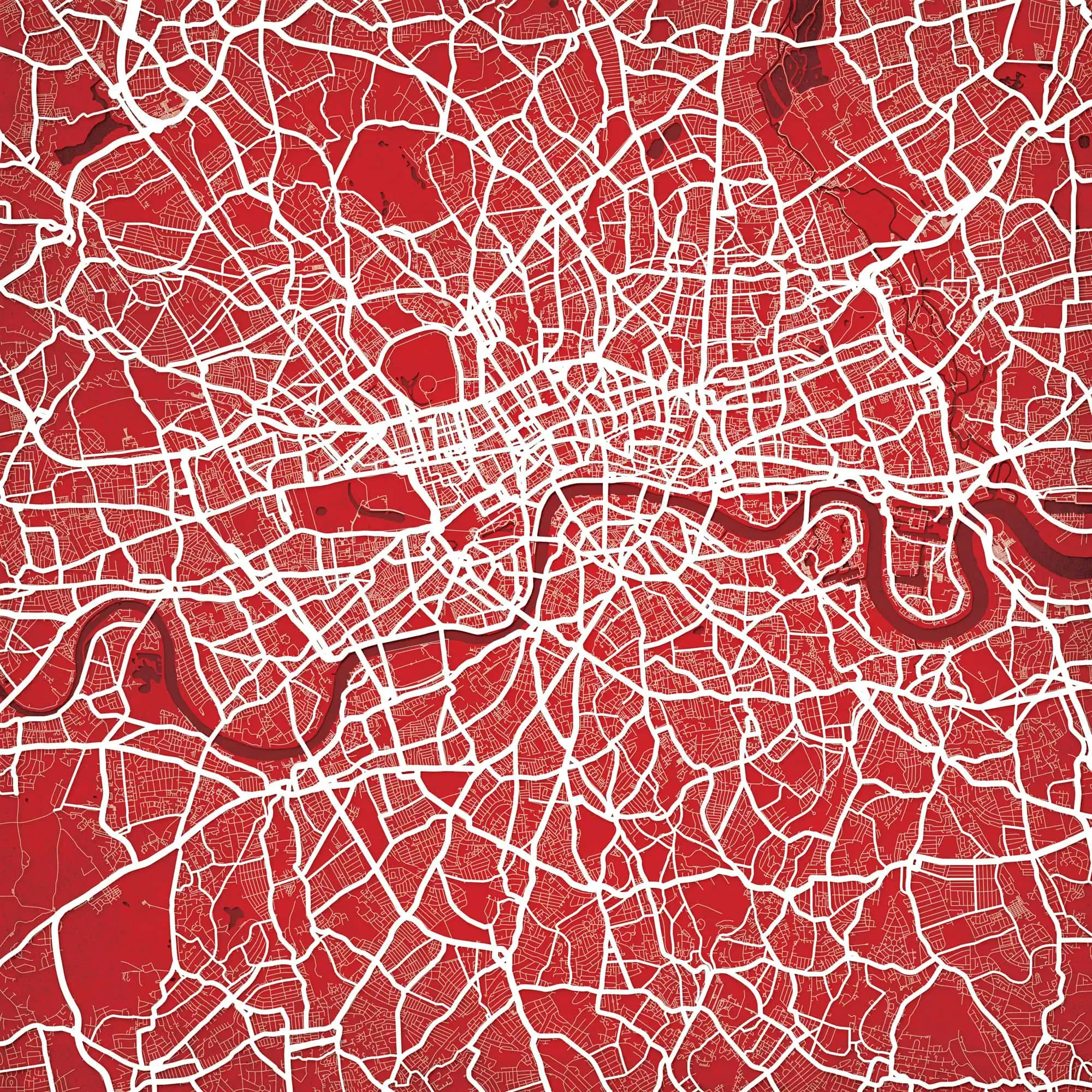 City map of urban streets and waterways in red with highlighted roads, ideal for navigation, travel planning, and geographic reference from The Map Shop.