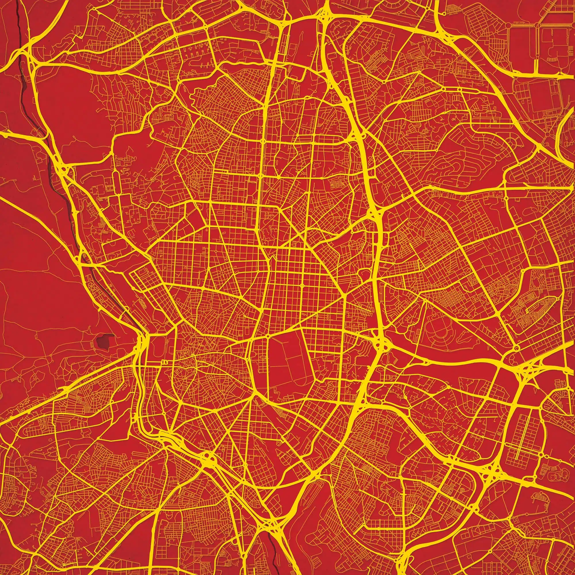 Detailed city map with road network in yellow highlighting urban streets and highways.