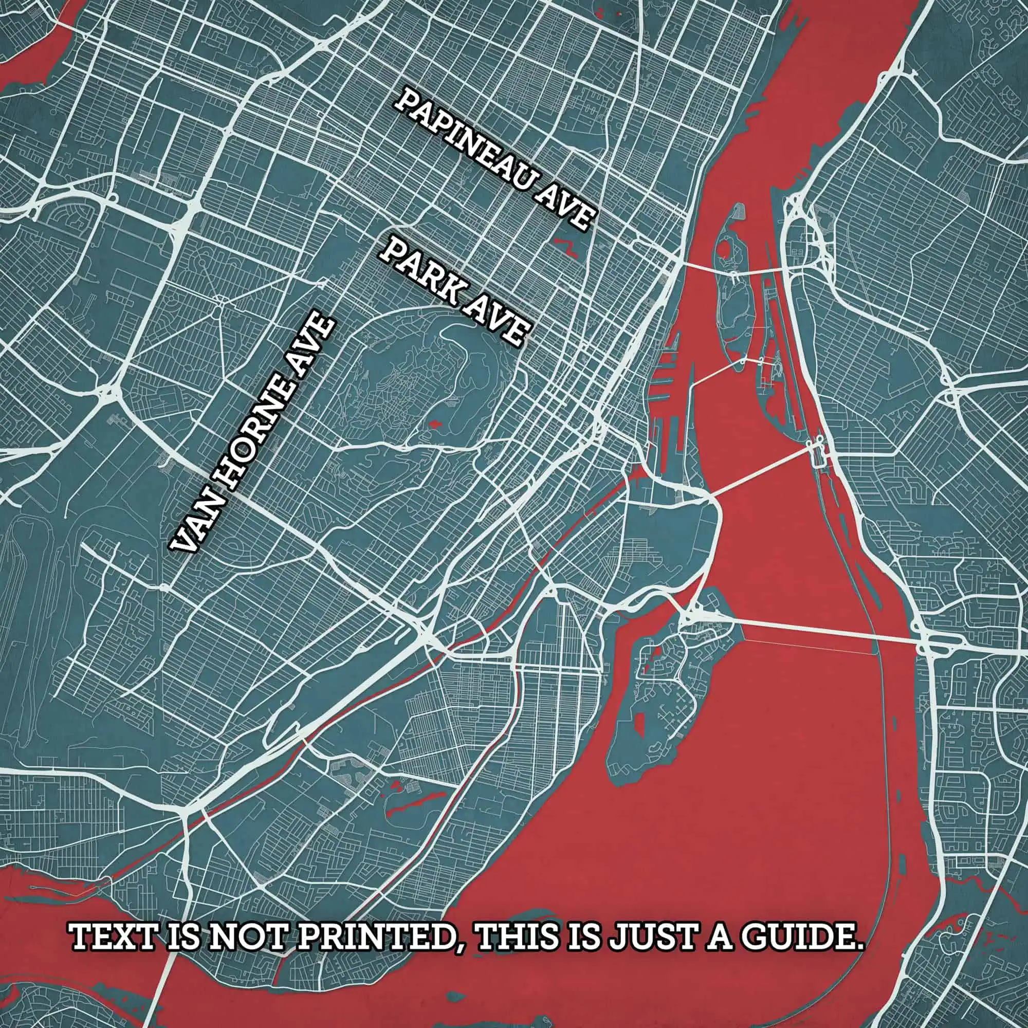 Detailed map of the downtown area highlighting key streets like Papineau Ave, Park Ave, Van Horne Ave, with the river in red and white street grid.