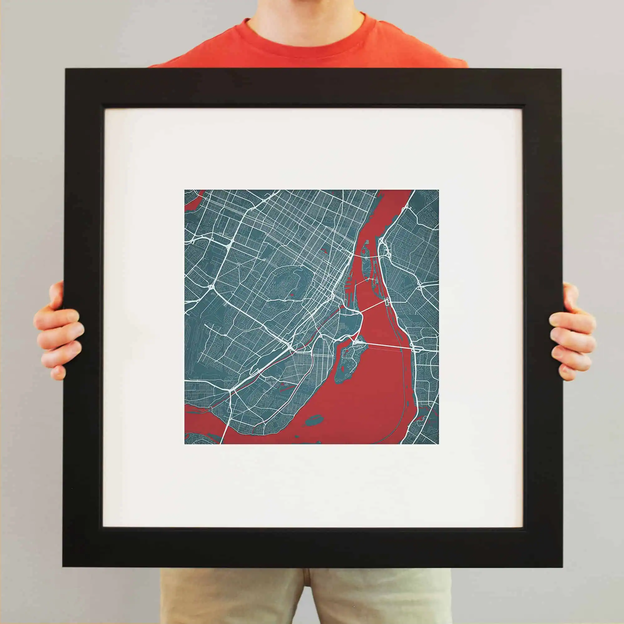 Colorful city map art featuring detailed street and river layouts, perfect for home decor or travel enthusiasts. Printed in a sleek black frame, emphasizing urban navigation and geographic beauty.