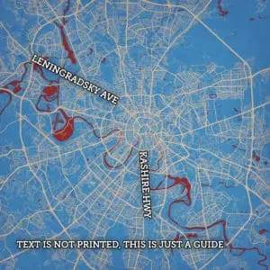 Leningradskiy Avenue and Kashirskoye Highway highlighted on a detailed city map with roads and waterways, serving as a guide for navigation and geographic reference.