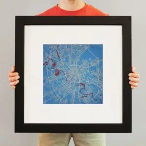 Vivid city map artwork featuring detailed urban streets and waterways, perfect for travel enthusiasts and city planners.