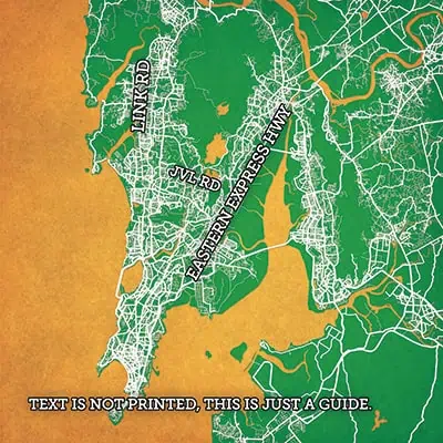 Detailed city map emphasizing major roads and highways, including JVL Rd, Eastern Express Hwy, and Link Rd, ideal for navigation, travel planning, and geographic orientation.