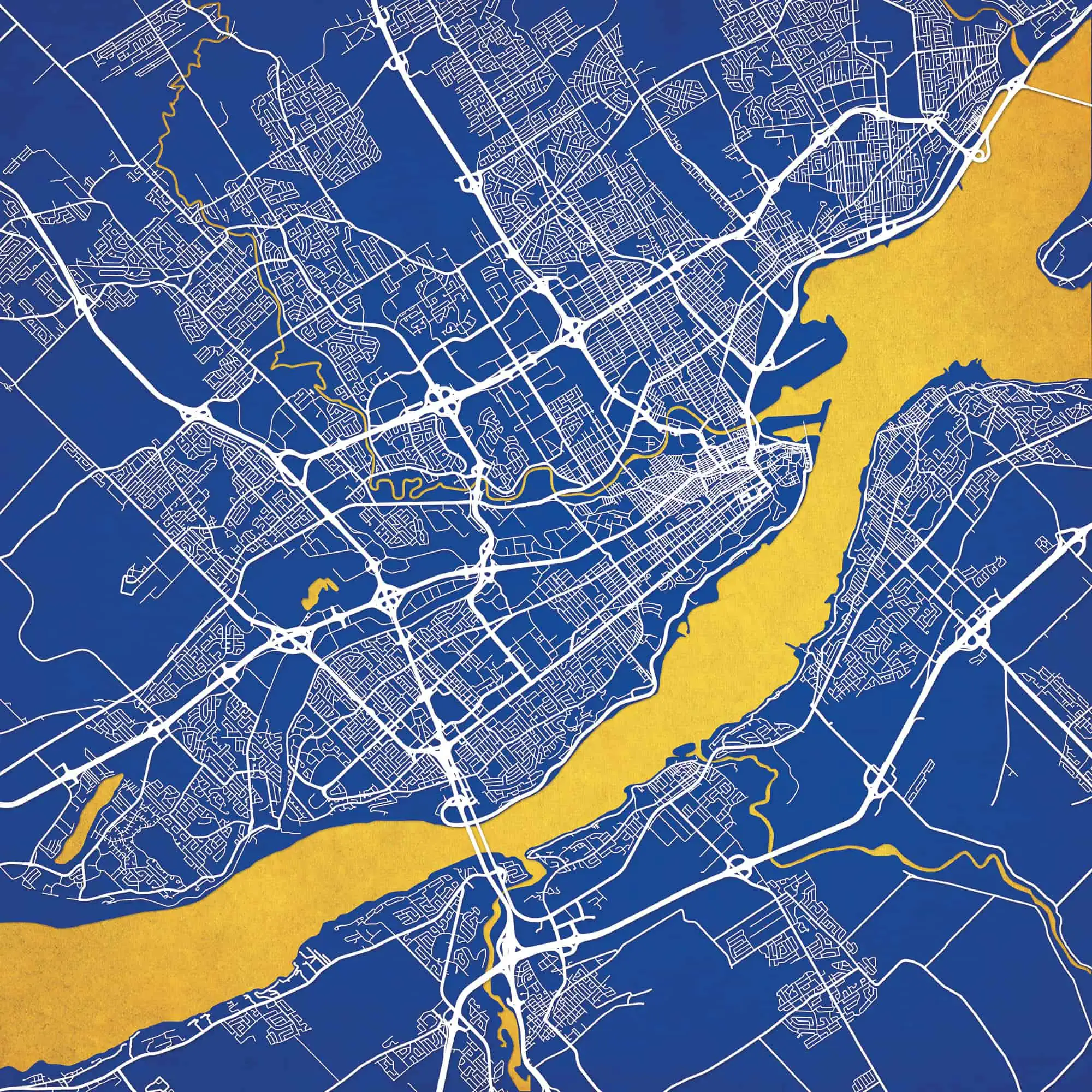 Detailed city map with roads and waterways, highlighting urban and suburban areas for accurate navigation and travel planning. Perfect for map enthusiasts and travel needs.