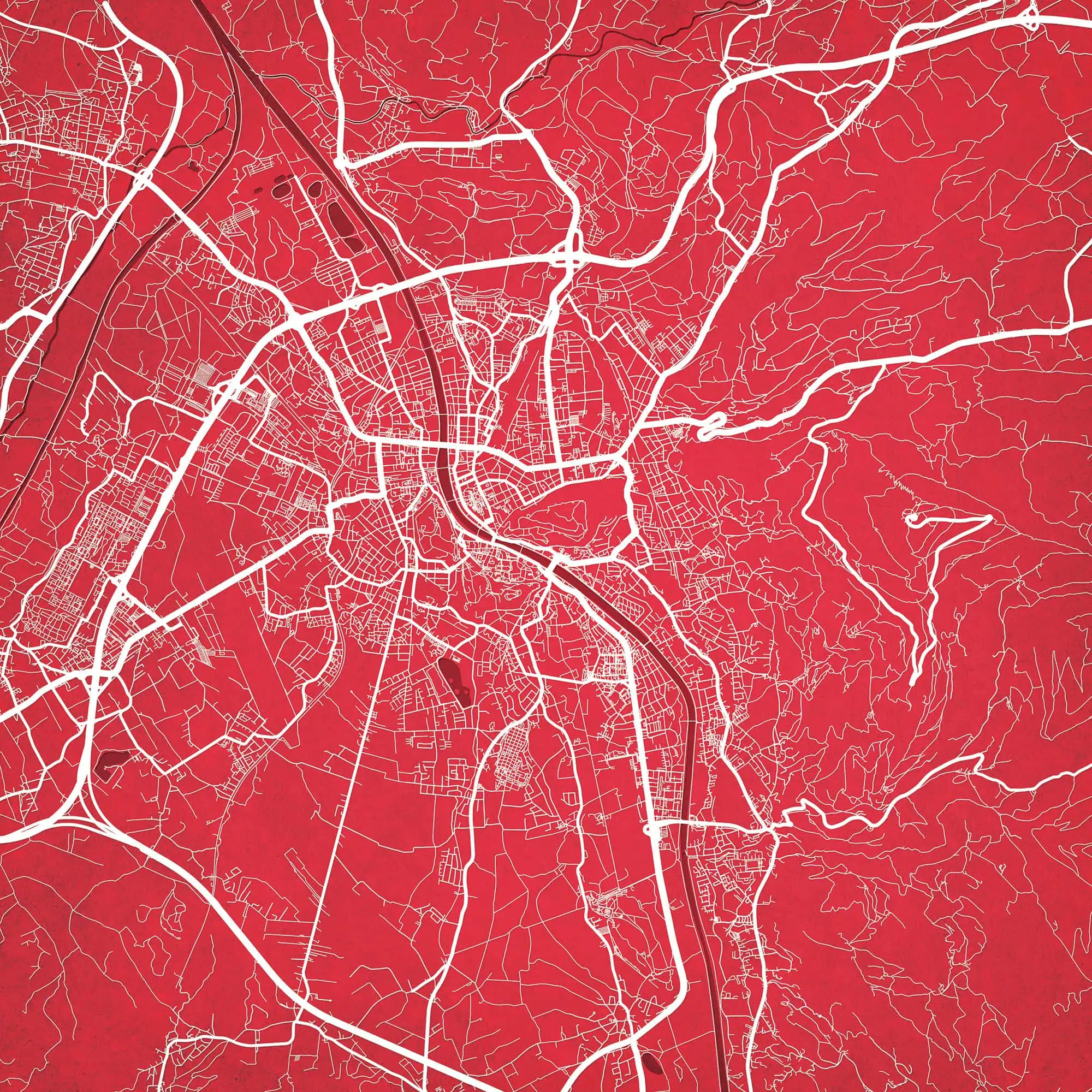 City map with detailed street layout highlighting main roads and highways in a red and white color scheme, ideal for navigation and cartography, from The Map Shop.