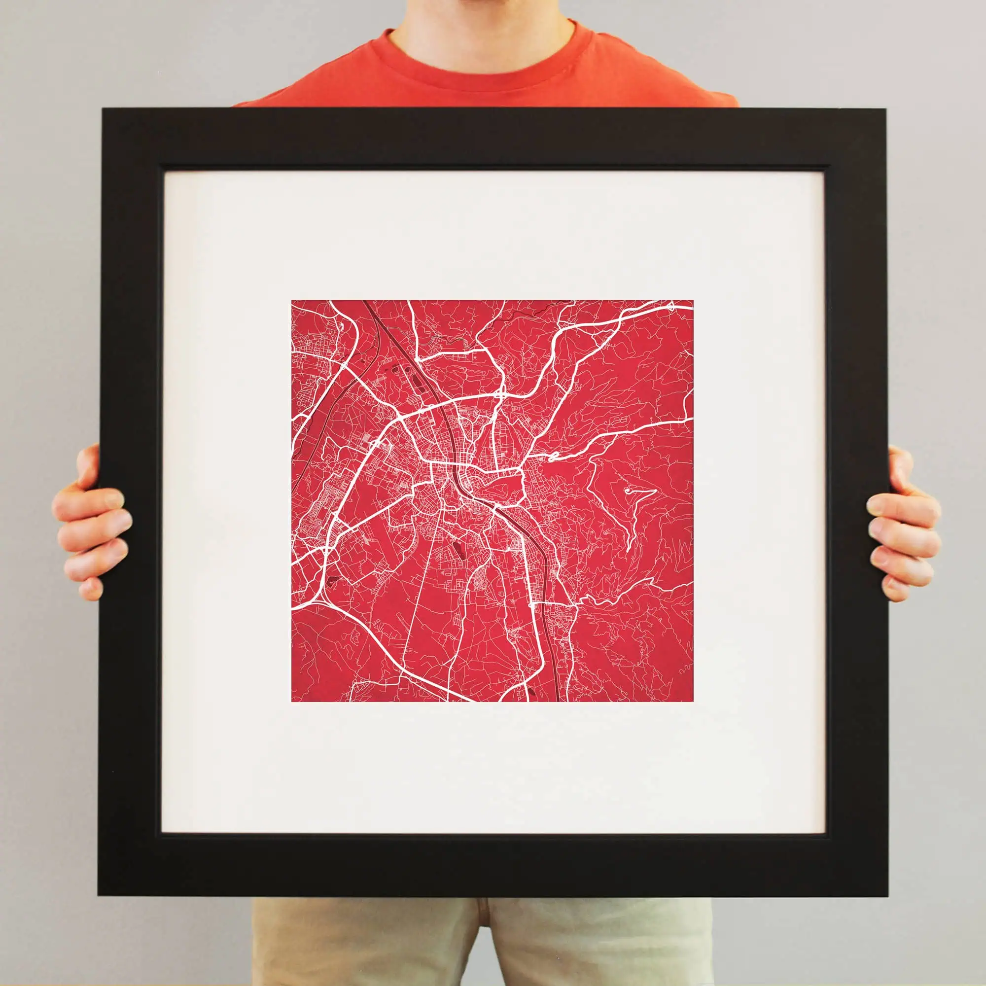 Colorful city street map artwork framed for home decor.