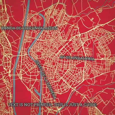 Detailed street map of Ronda de Circunvalación and Avenida de Andalucía in Granada, Spain, showing roads, waterways, and urban layout for navigation and travel planning.