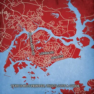 Detailed map of the Boston area highlighting major roads like Woodlands Blvd, Lorrie Rd, and Sims Ave, featuring a vibrant red and blue color scheme that emphasizes navigation and geographic features.