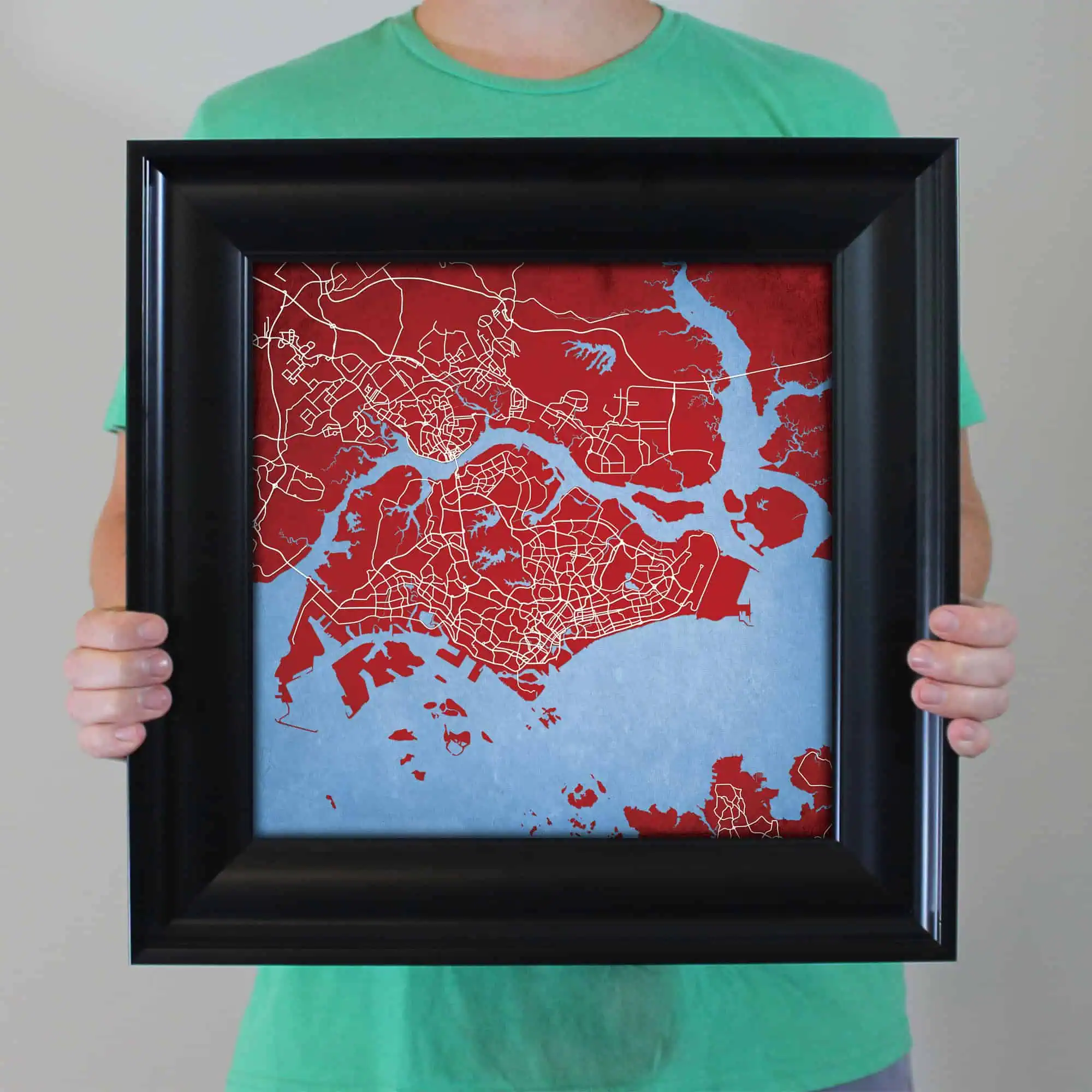 Detailed city map art of Boston with waterways and street layouts, perfect for navigation enthusiasts and geography buffs, showcasing vibrant red and blue colors.