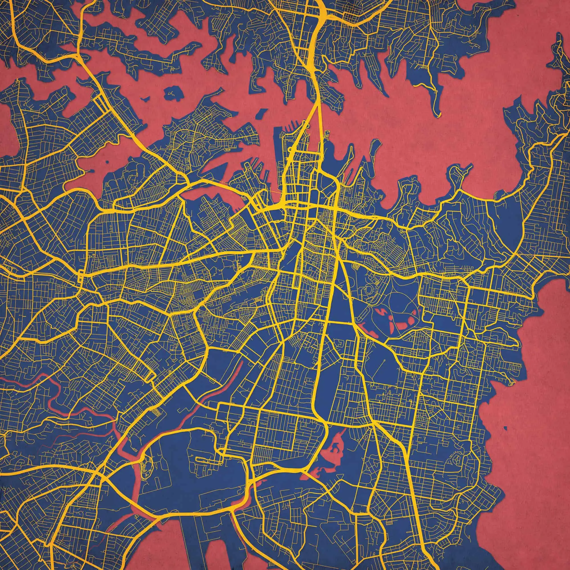 Map of Boston city showing streets, highways, and water bodies in blue, yellow, and red colors for navigation and geographic reference.